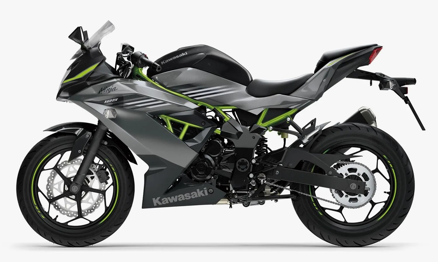 Sporty Kawasaki Ninja 125 motorcycle in black and gray with green frame accents, featuring aerodynamic fairings, a sleek seat, and black alloy wheels with green rim stripes.