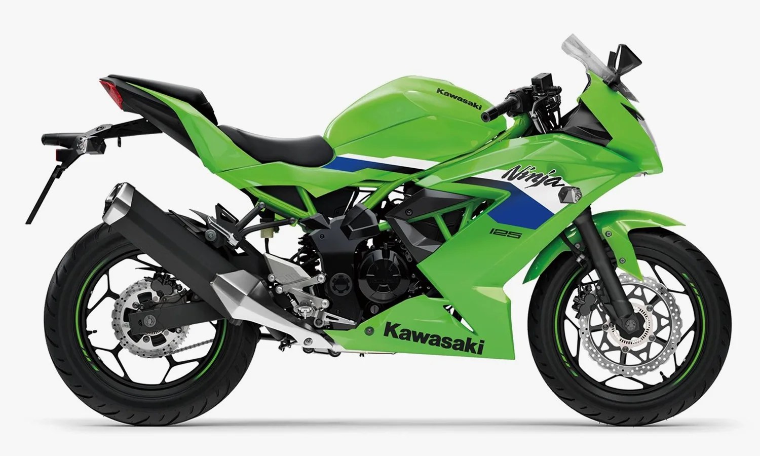 Green Kawasaki Ninja 125 sport motorcycle with black and blue accents, featuring a sleek aerodynamic design, black seat, and disc brakes on both wheels.