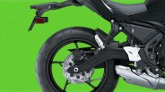 Rear section of a black motorcycle showing the rear wheel with a disc brake, chain drive, exhaust pipe, and part of the seat and frame against a bright green background.