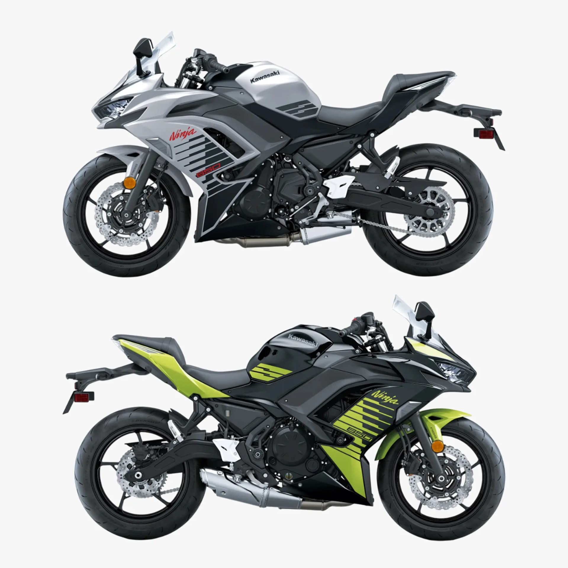 Two Kawasaki Ninja 650 motorcycles shown from the right side. The top motorcycle is silver and black with red "Ninja" and "650" decals. The bottom motorcycle is black with bright green accents and yellow "Ninja" and "650" decals. Both have sporty fairings, disc brakes, and a sleek, aerodynamic design.