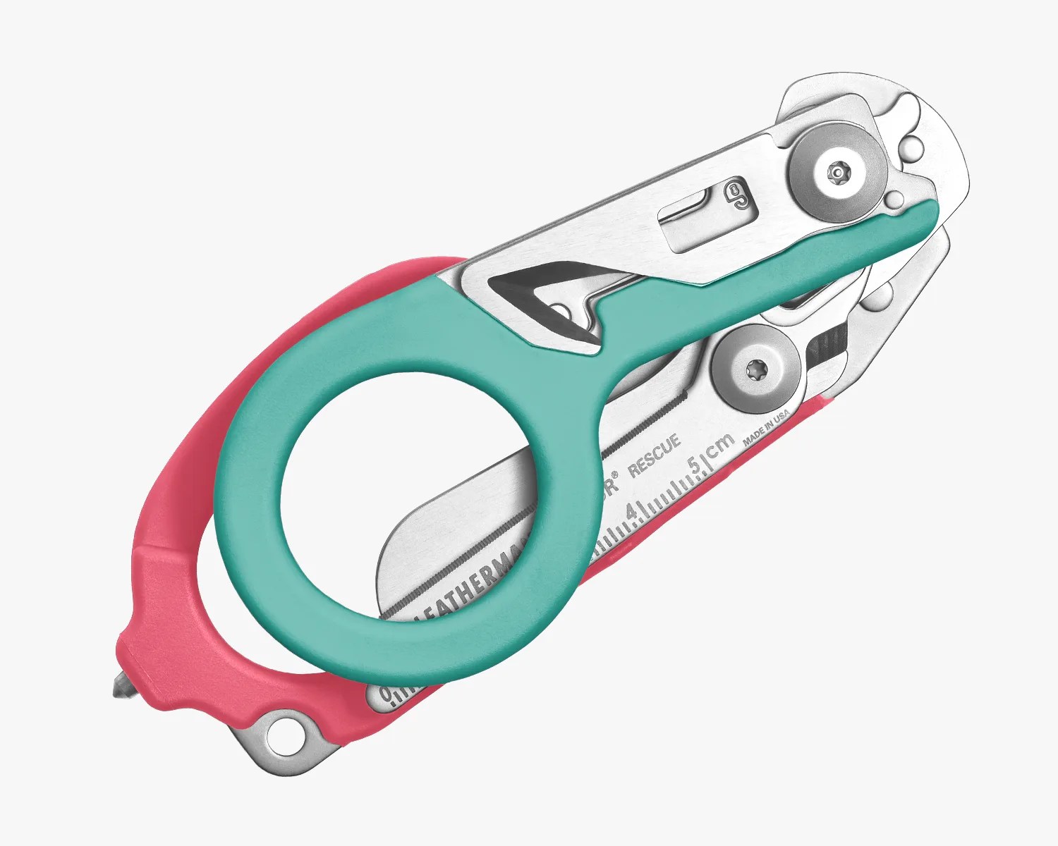 Compact rescue tool with a teal circular handle and red accents, featuring a stainless steel blade marked with measurements up to 5.1 cm, a seatbelt cutter, and a glass breaker tip.