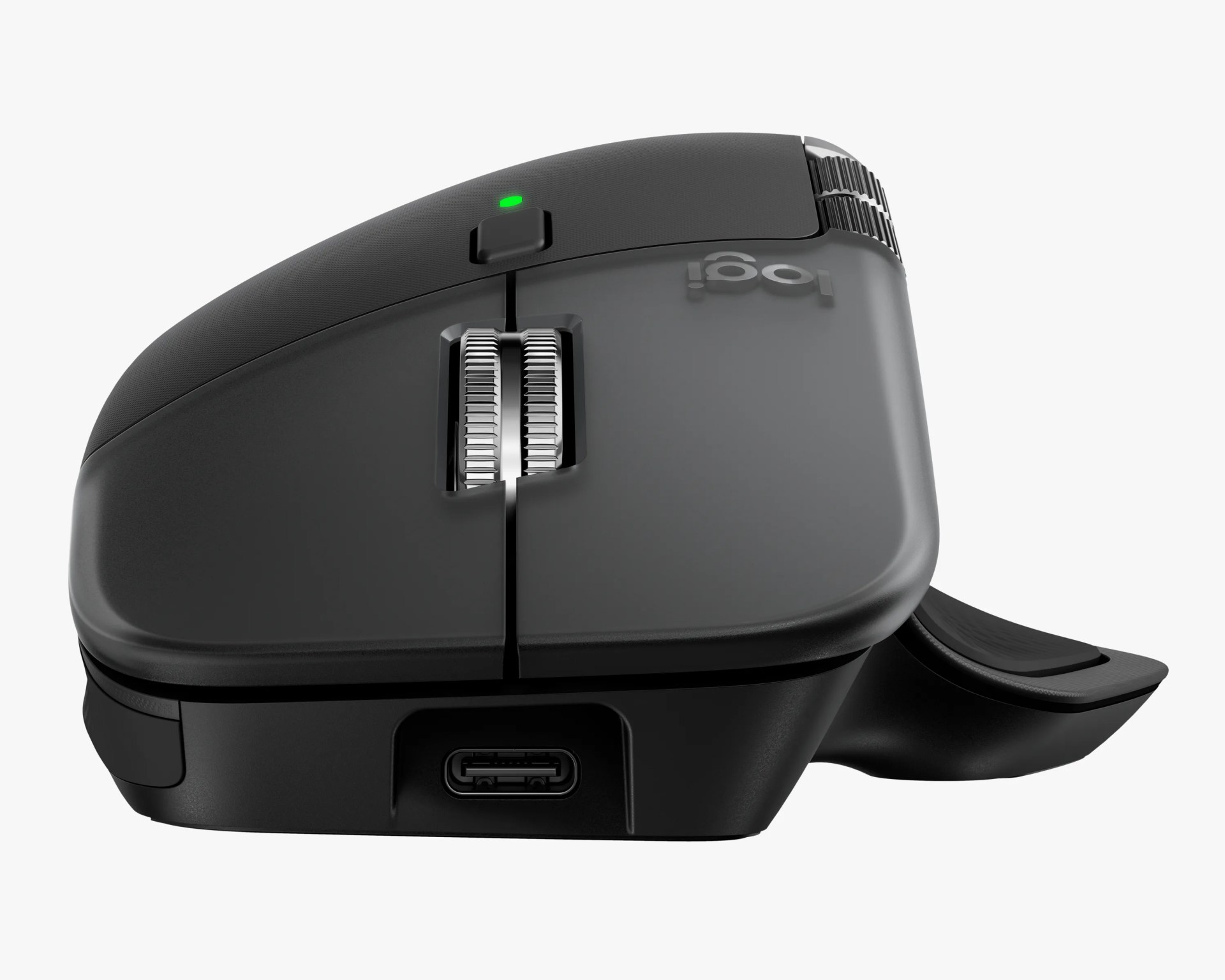 Ergonomic black computer mouse with a vertical design, featuring two silver scroll wheels, a green indicator light, a USB-C charging port at the front, and a thumb rest on the right side. The surface has a matte finish with a subtle "logi" logo near the top.