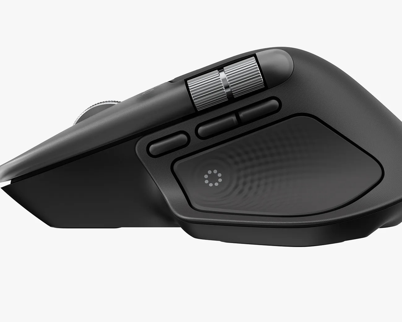Side view of a black ergonomic computer mouse featuring a textured grip area, three side buttons, and a metallic scroll wheel with a ridged design.