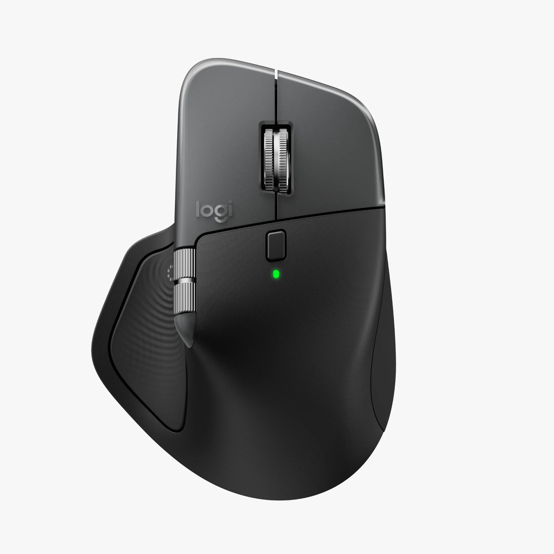 Ergonomic black and gray wireless computer mouse with a contoured design, featuring a scroll wheel, a side thumb wheel, a small rectangular button below the scroll wheel, and a green indicator light. The mouse has the "logi" logo on the upper left side.