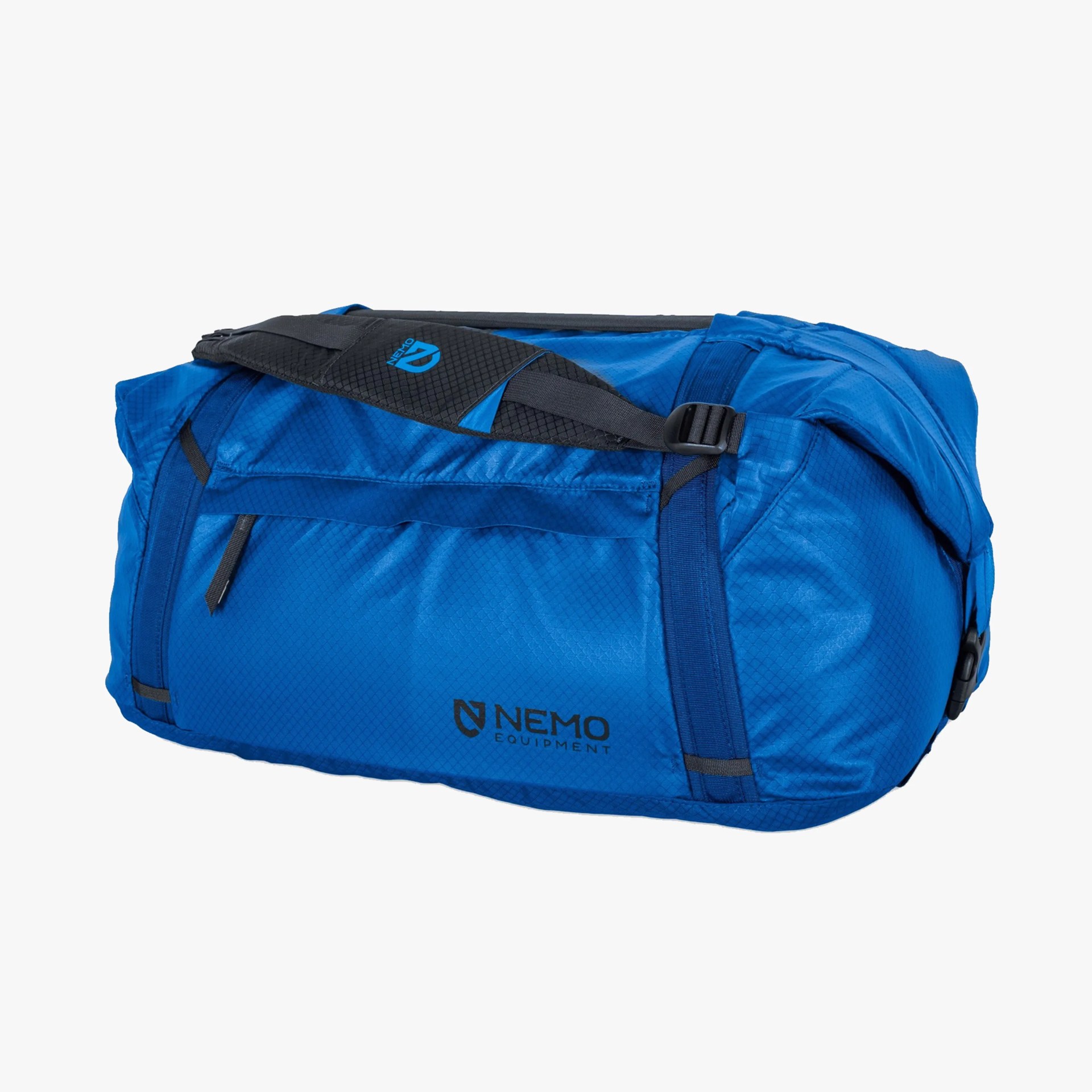 Blue duffel bag with a black adjustable shoulder strap, featuring the "NEMO Equipment" logo printed in black on the side. The bag has a textured fabric with a zippered pocket on one side and reinforced seams.
