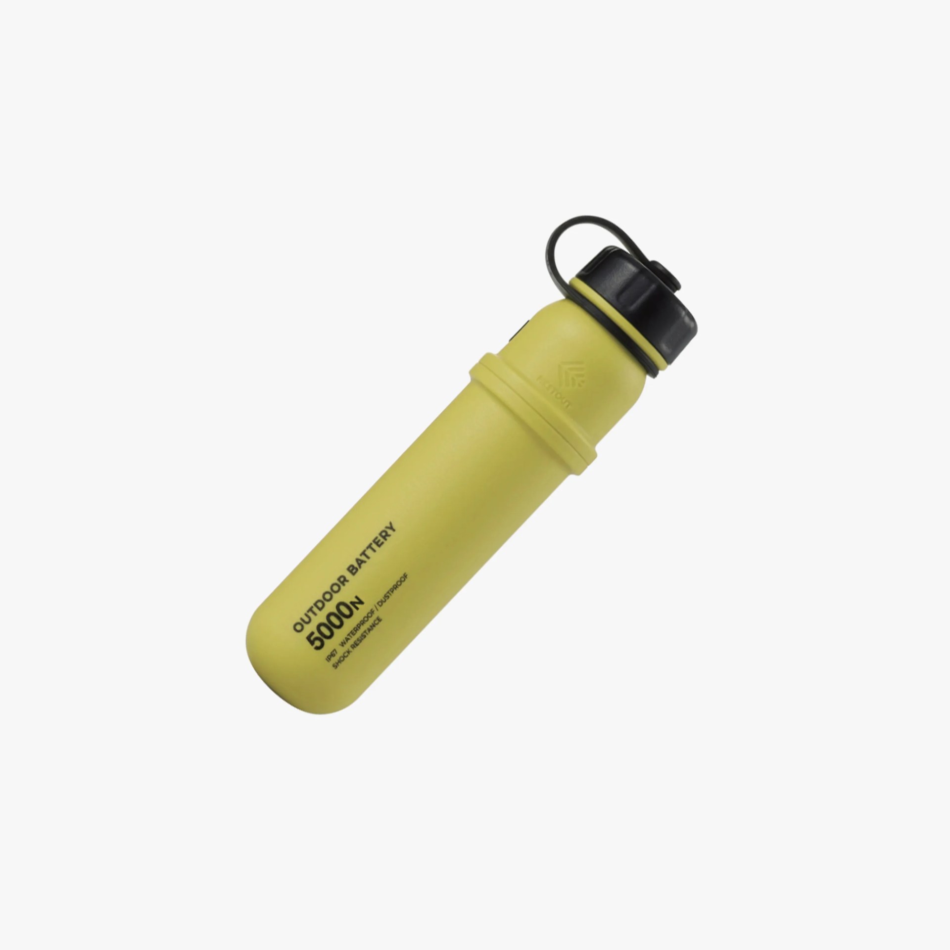 Yellow cylindrical outdoor battery with black screw cap and attached loop, labeled "OUTDOOR BATTERY 5000N" with features including IP67 waterproof, dustproof, and shock resistance.