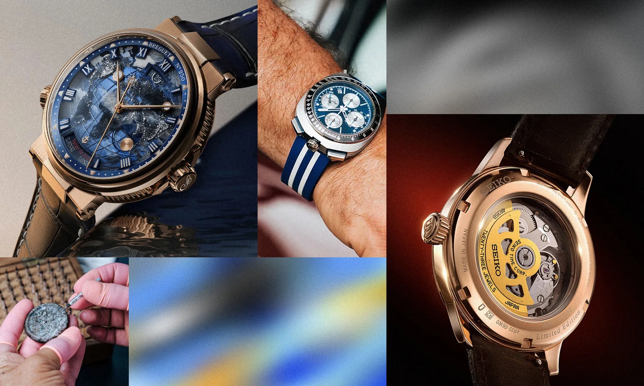 A collage of four images featuring luxury watches. The top left image shows a close-up of a gold watch with a blue, detailed world map dial and Roman numerals, paired with a dark leather strap. The top middle image displays a wrist wearing a sporty watch with a blue dial, three subdials, and a blue and white striped rubber strap. The bottom left image shows hands holding a watch case back and a small tool, suggesting watch repair or assembly. The right image presents the back of a gold Seiko watch with a transparent case back revealing the intricate mechanical movement inside, along with a black leather strap.