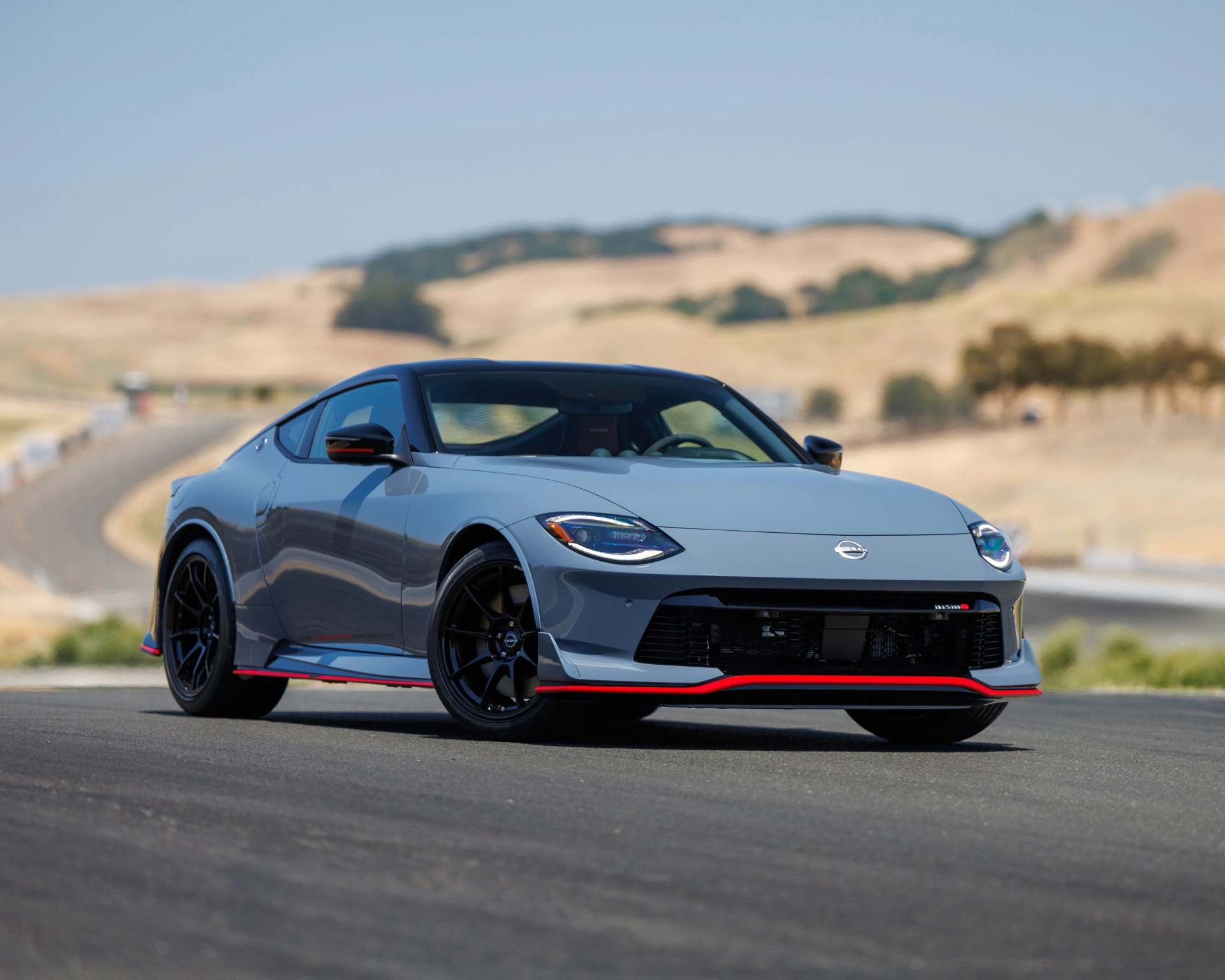 Gray Nissan sports car with black wheels and red accents on the front lip and side skirts, parked on a paved road with a blurred dry, hilly landscape in the background.