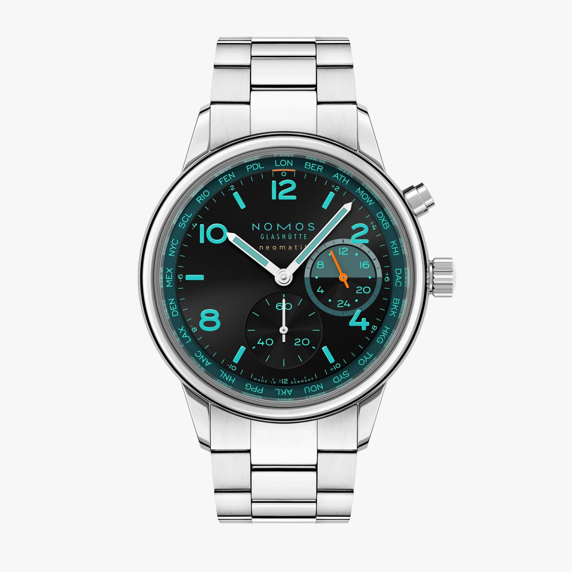 Silver stainless steel wristwatch with a black dial featuring turquoise Arabic numerals and markers. The watch has a smaller subdial at the 6 o'clock position and a 24-hour subdial with an orange hand at the 3 o'clock position. The outer edge of the dial displays various city abbreviations in turquoise. The brand name "NOMOS GLASHÜTTE neomatik" is centered below the 12 o'clock marker. The watch has two pushers and a crown on the right side and a linked metal bracelet.