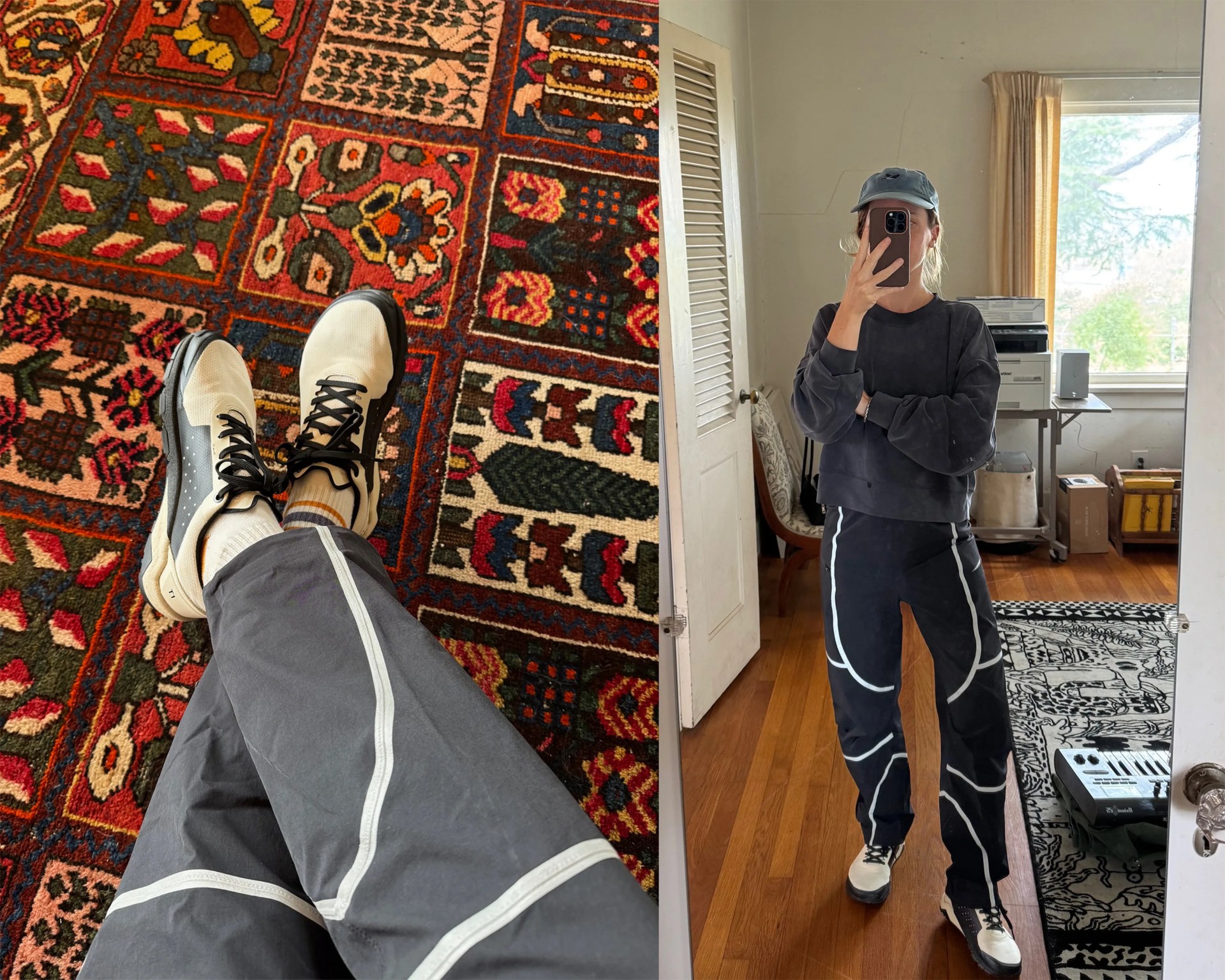 Person wearing black pants with white piping, cream and black sneakers, a dark gray sweatshirt, and a blue cap, taking a mirror selfie in a room with wooden floors and a patterned black and white rug. The other image shows a close-up of the person's crossed legs on a colorful patterned carpet.
