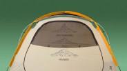 Front view of a beige and orange tent with three mountain illustrations labeled "MATTERHORN," "FUJI," and "RAINIER" from top to bottom. The tent has a mesh window and visible support poles.