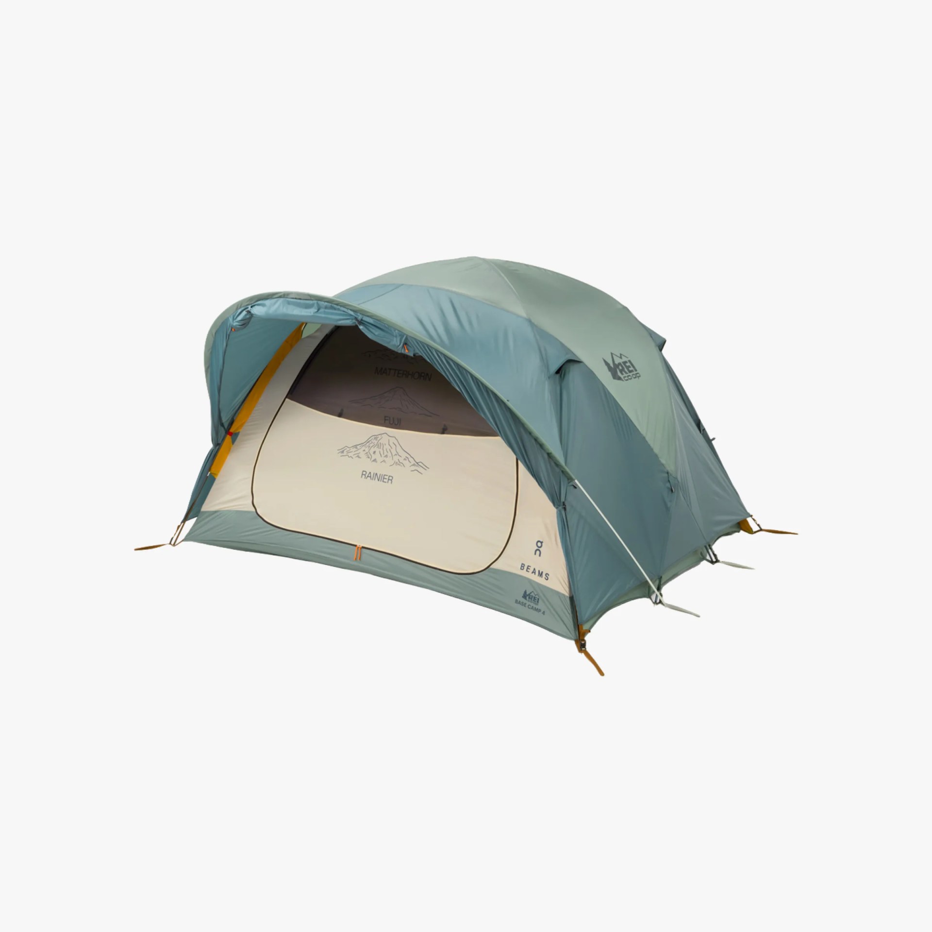 Light green and beige dome tent with an extended canopy, featuring mountain illustrations labeled Matterhorn, Fuji, and Rainier on the inner fabric. The tent has the REI Co-op logo on the outer rainfly and the base, along with additional branding from BEAMS and On.