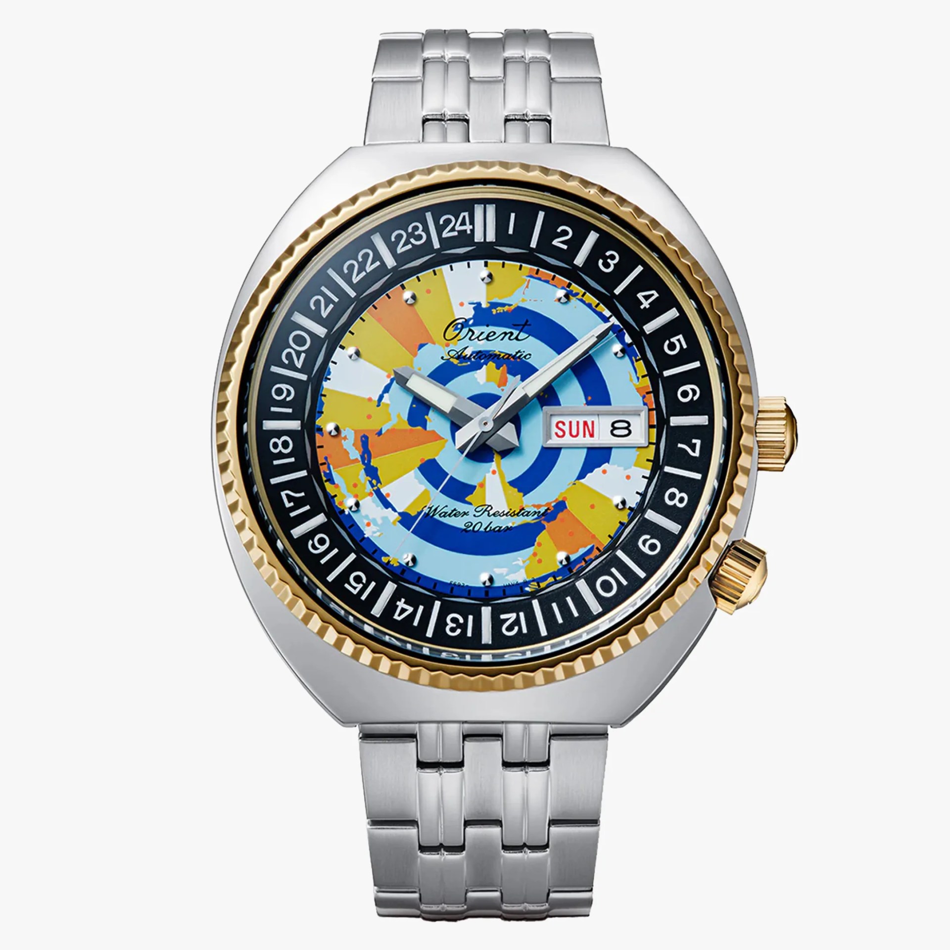 Silver and gold-tone wristwatch with a multicolored, abstract patterned dial featuring blue, yellow, and orange accents. The dial includes silver hour markers, a day and date window at 3 o'clock, and two gold-tone crowns on the right side. The watch has a silver metal link bracelet and a black 24-hour scale around the dial's edge. The brand name "Orient" and "Automatic" are printed on the dial.