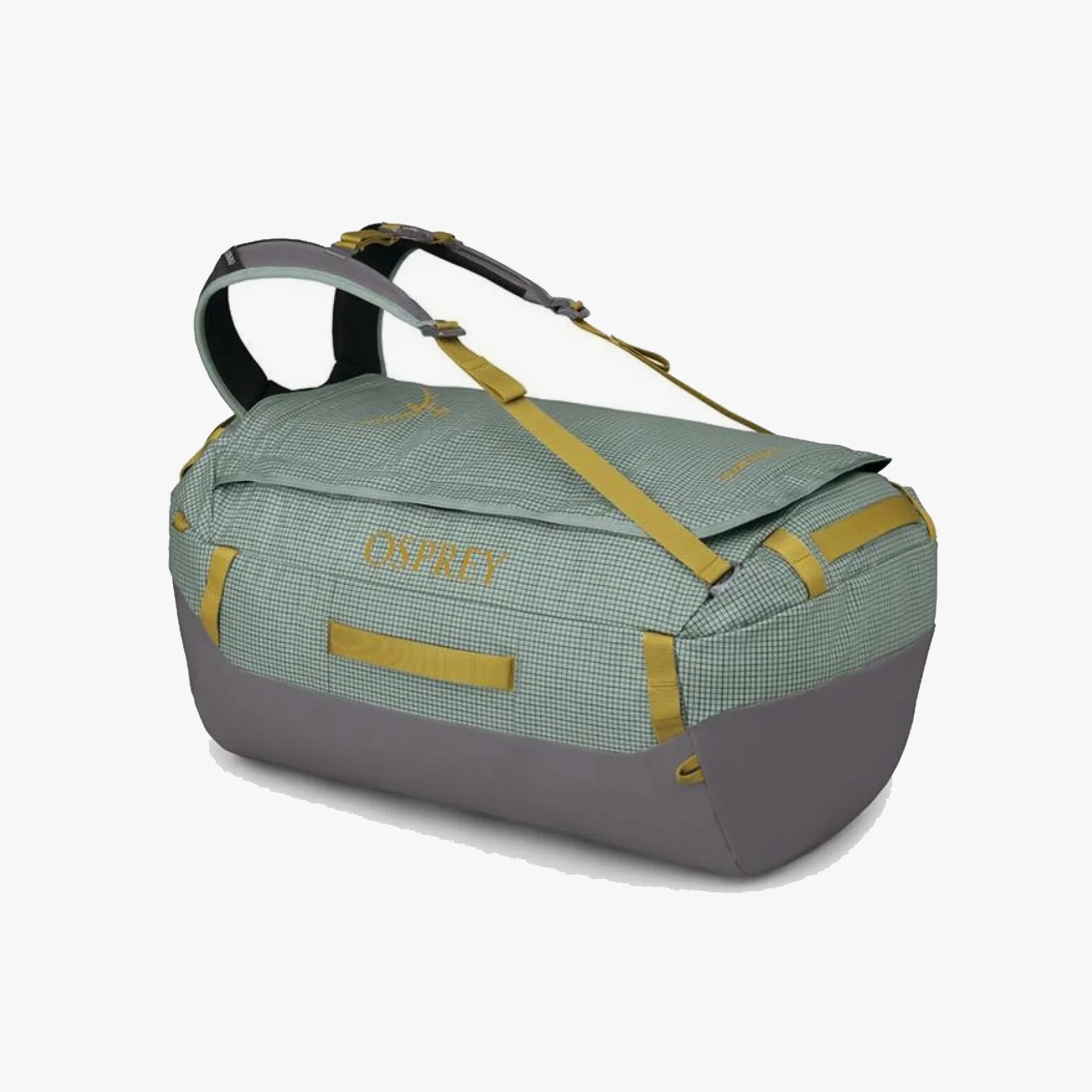 Green and gray Osprey duffel bag with yellow straps and handles, featuring a checkered pattern on the upper part and a solid gray base.