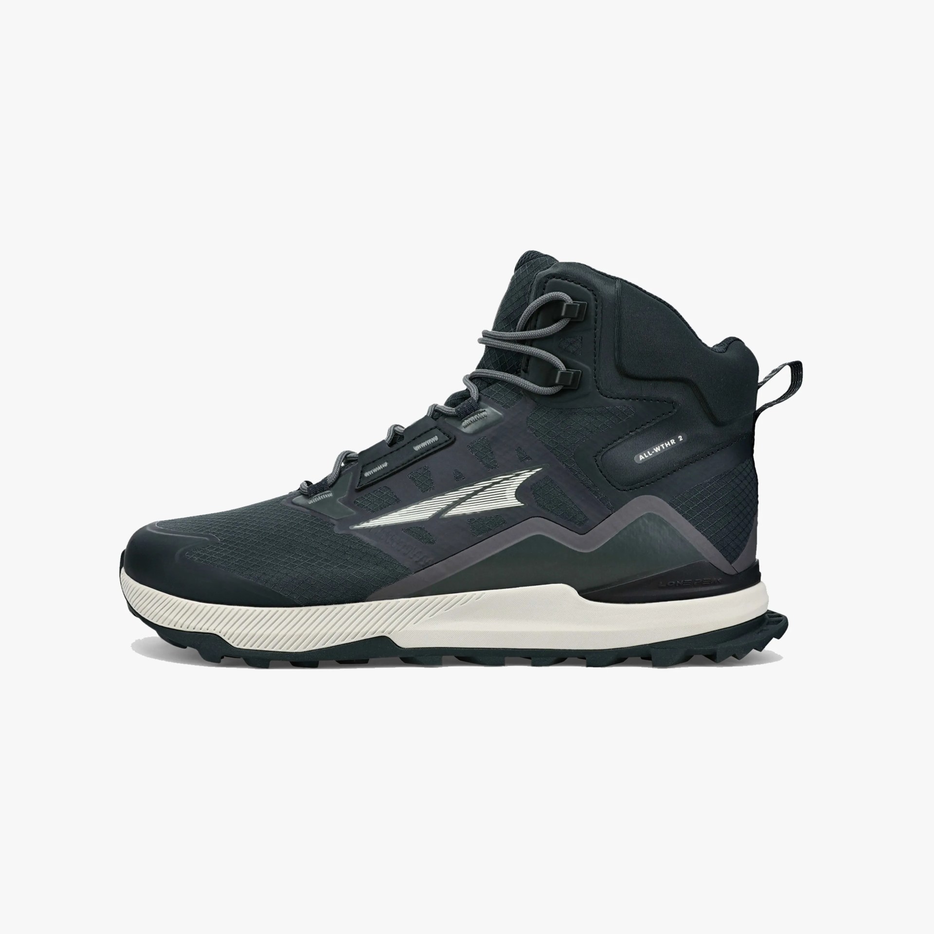 Black high-top athletic shoe with a white sole, featuring a textured upper, gray laces, and a white logo on the side. The shoe has a pull tab at the heel and the text "ALL-WTHR 2" near the ankle area. The sole has a rugged tread pattern for traction.