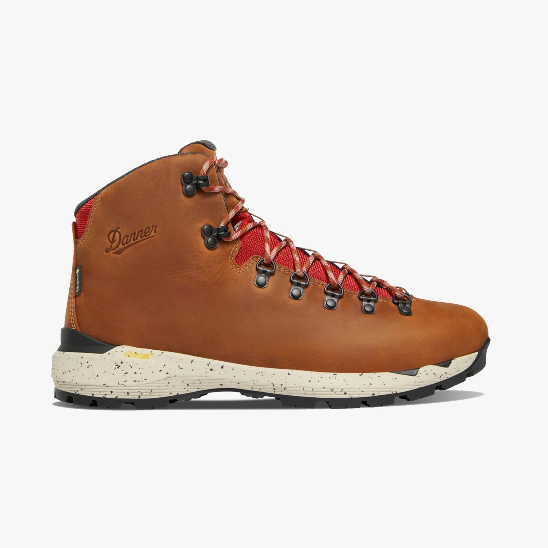 Brown leather hiking boot with red mesh accents, black metal eyelets, and red and white laces. The sole is off-white with black speckles and a black tread. The brand name "Danner" is embossed on the side near the heel.