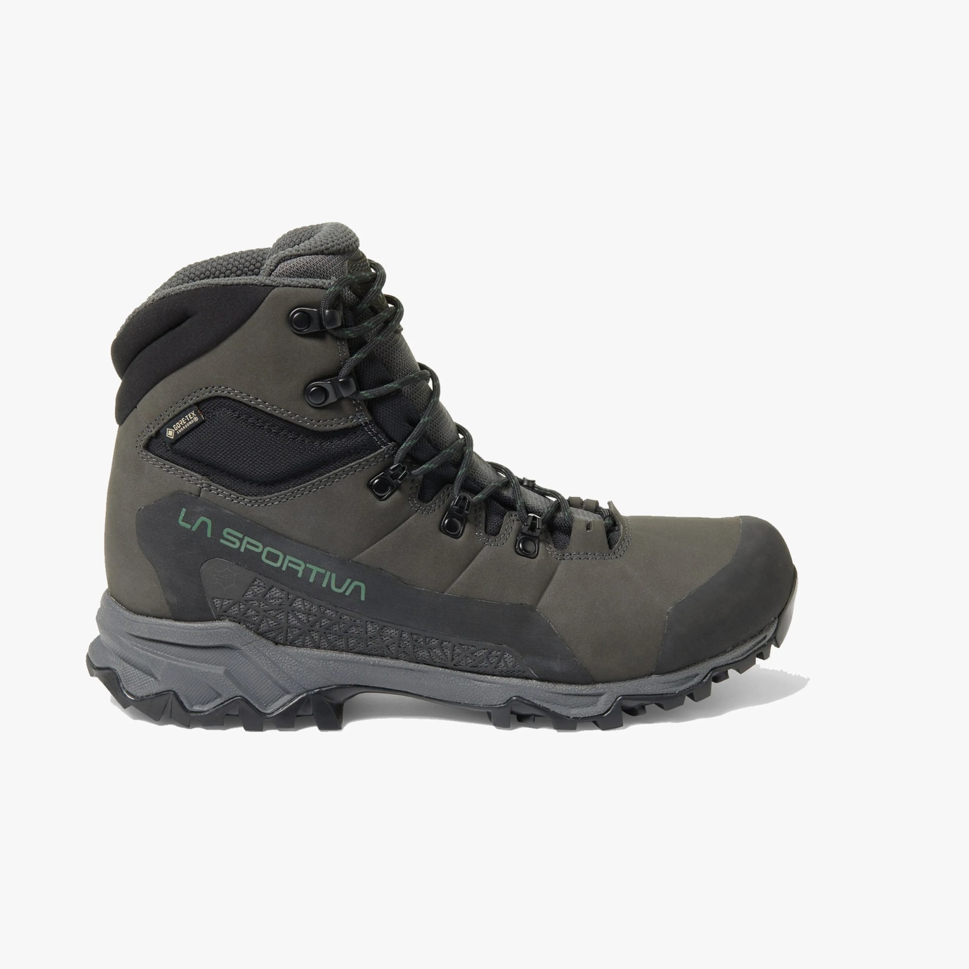 Dark gray and black La Sportiva hiking boot with a high ankle collar, lace-up front with metal eyelets, padded tongue, and a rugged, textured sole for traction. The boot features a Gore-Tex label near the ankle and the La Sportiva logo on the side.