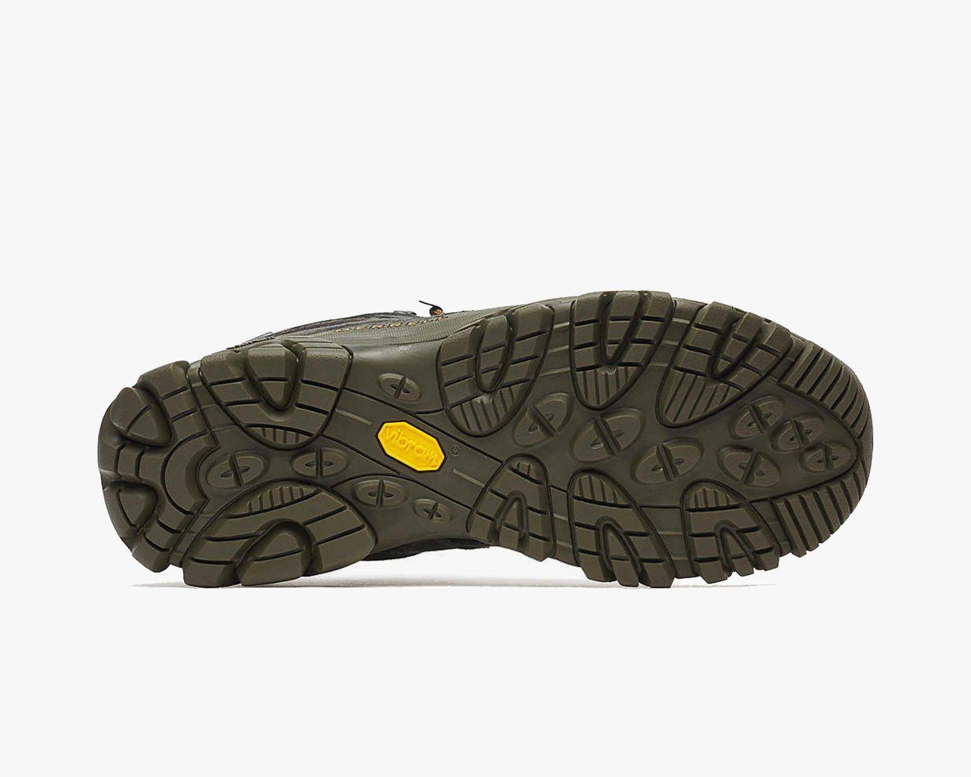 Sole of a dark green hiking shoe with deep, multi-directional treads for traction. The sole features a yellow Vibram logo near the center. The tread pattern includes oval and rectangular shapes with grooves for grip.