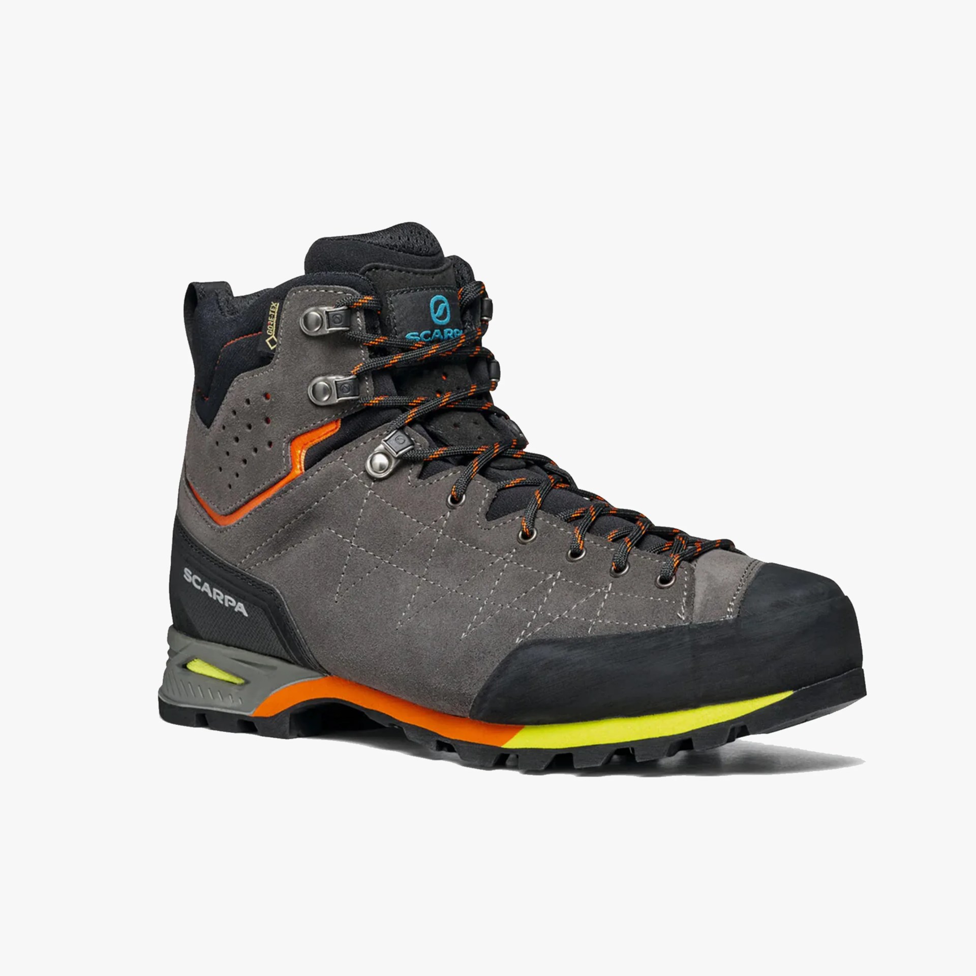 Gray and black hiking boot with orange and yellow accents, featuring a high ankle design, metal eyelets for laces, and a reinforced toe cap. The boot has a rugged sole for traction and the brand name "Scarpa" visible on the side.