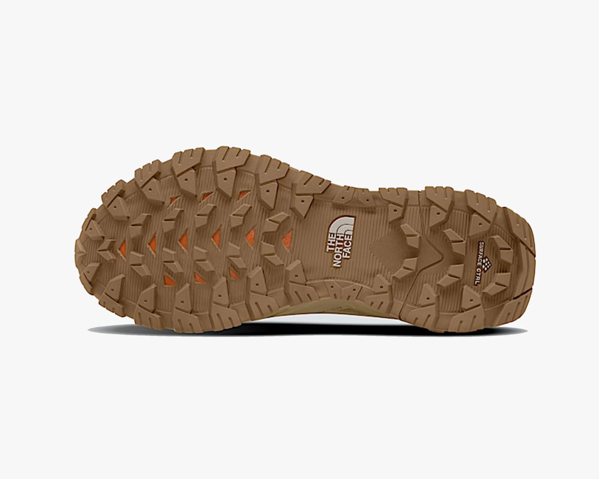 Brown rugged outsole of a shoe with deep treads for traction, featuring "THE NORTH FACE" logo in the center and "SURFACE CTRL" text near the heel.