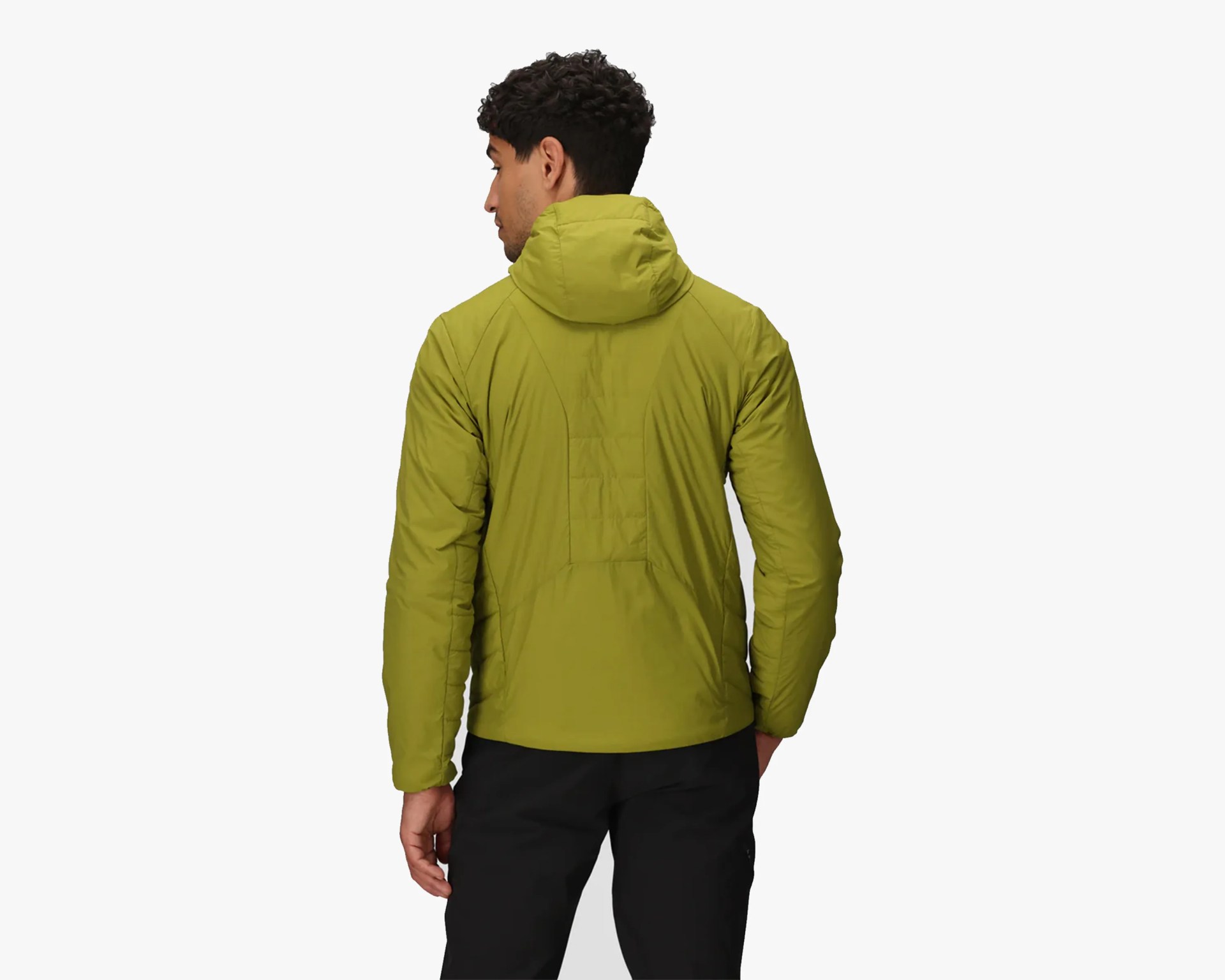 Man wearing a lime green hooded jacket viewed from the back, paired with black pants. The jacket has a quilted pattern on the back and sleeves.