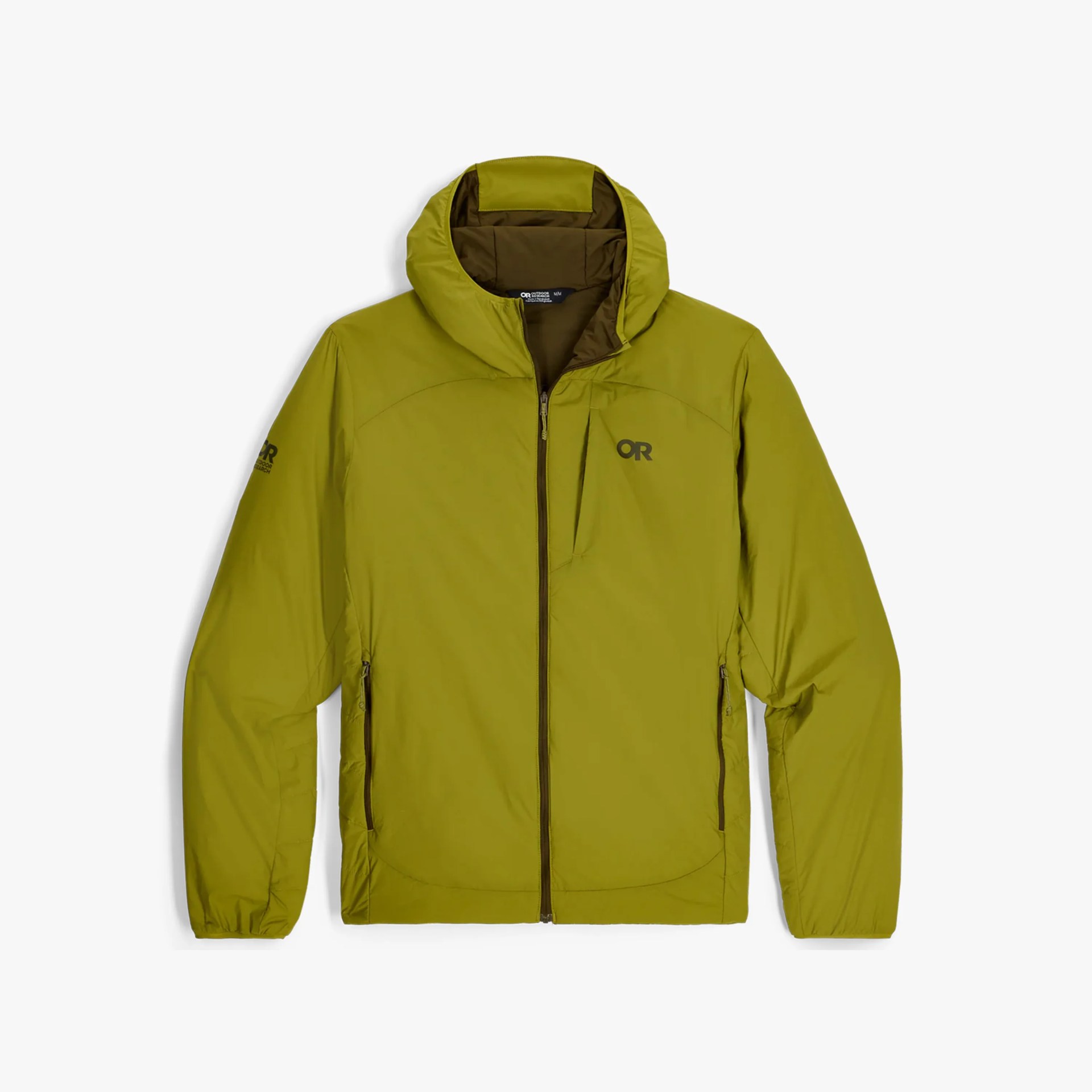 Light olive green insulated jacket with a full front zipper, a hood, two side zippered pockets, and a zippered chest pocket. The jacket features the "OR" logo on the left chest and the left sleeve. The interior lining is a darker olive green.