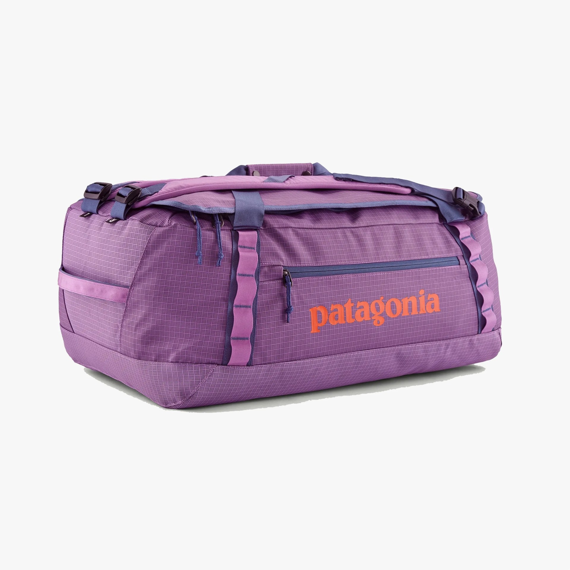 Purple Patagonia duffel bag with a rectangular shape, featuring a front zippered pocket with the brand name "patagonia" in orange, dual top handles, adjustable side straps, and a textured fabric design.