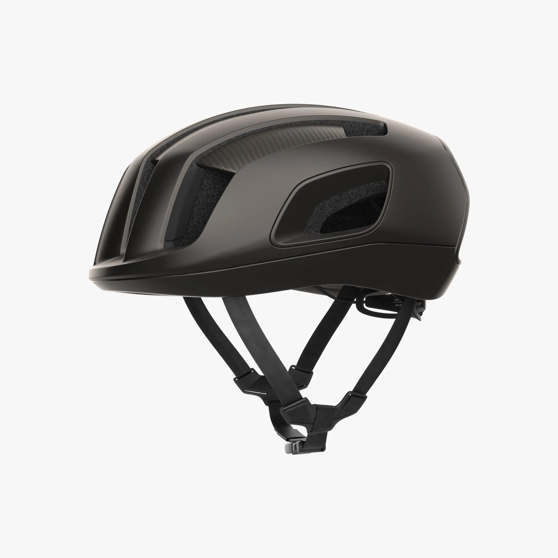 Matte black aerodynamic bicycle helmet with multiple ventilation openings and adjustable black straps. The helmet has a sleek, modern design with a smooth surface and visible internal padding.