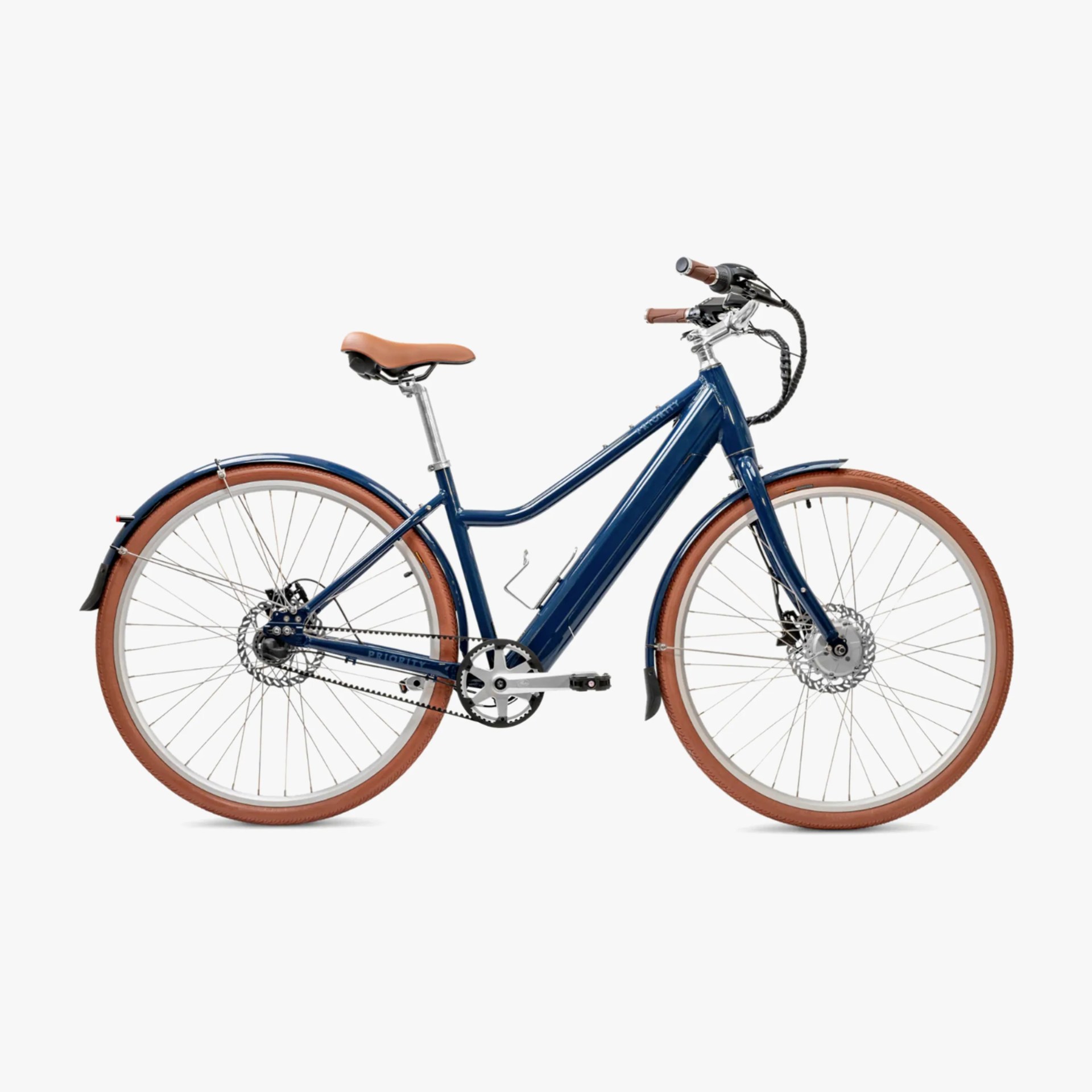 Blue electric bicycle with brown tires, brown seat, and brown handlebar grips, featuring a step-through frame, front and rear fenders, disc brakes, and a belt drive system.