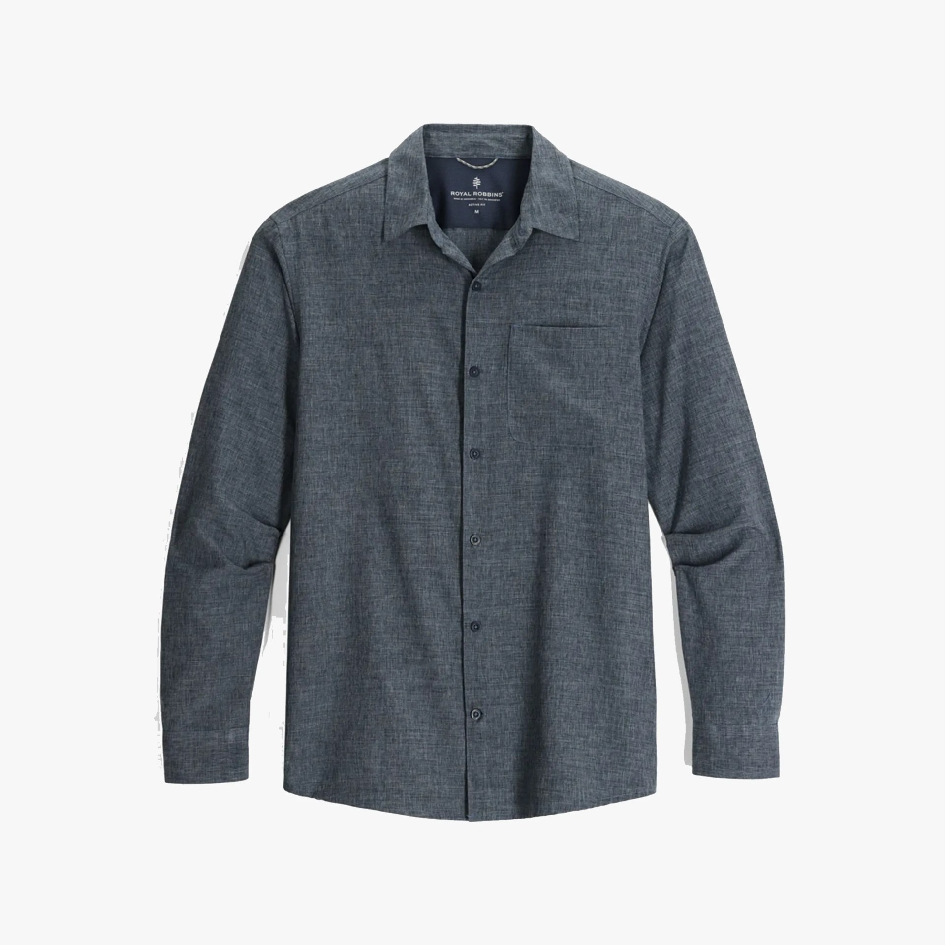 Long-sleeve button-up shirt in a textured dark gray fabric with a single chest pocket and a classic collar.