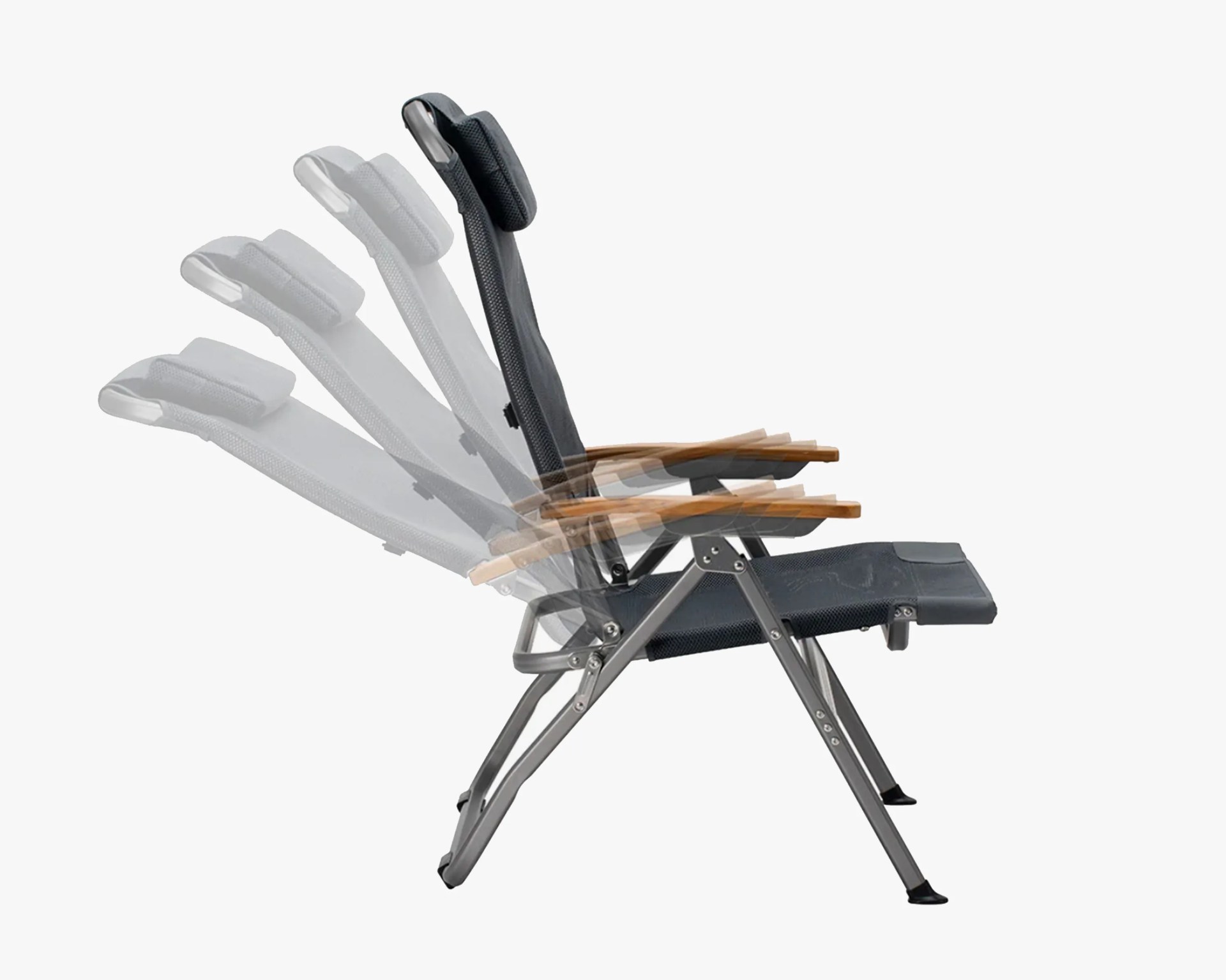 Adjustable reclining chair with a black mesh seat and backrest, wooden armrests, and a metal frame. The image shows multiple reclining positions of the backrest.