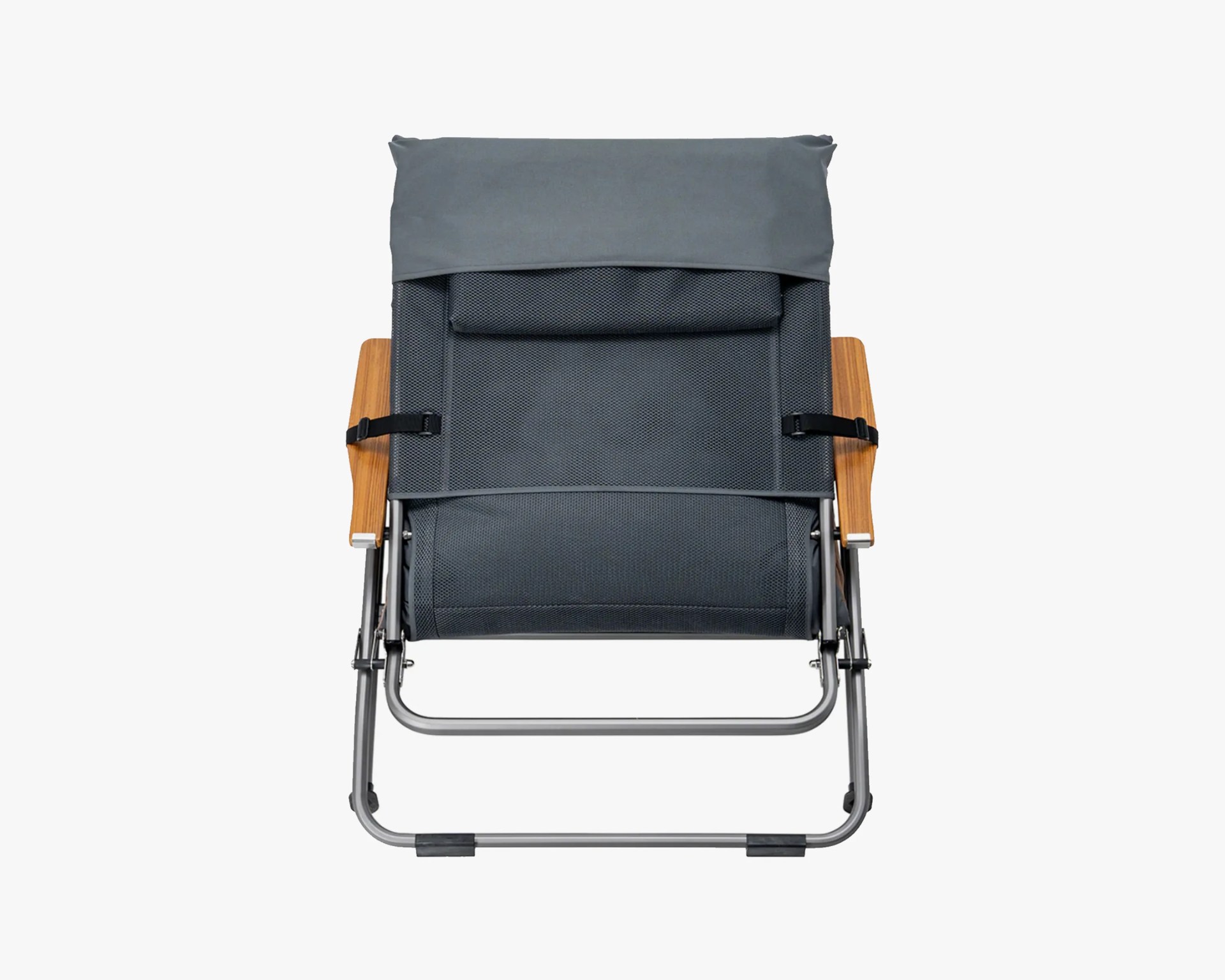 Folded portable chair with a gray fabric seat and backrest, wooden armrests, and a metal frame. The chair is viewed from the front, showing the compact folded design.