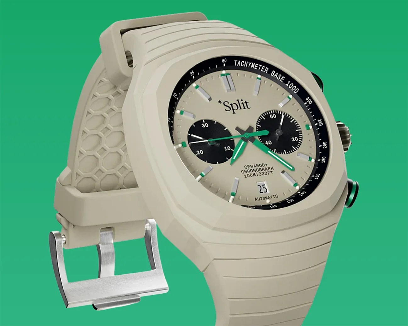 Beige chronograph wristwatch with a textured honeycomb-patterned strap, a round dial featuring two black subdials, green and white hands, and a date display at the 6 o'clock position. The watch face includes tachymeter markings on a black outer ring and text indicating "Split," "CERAMOD+ CHRONOGRAPH 100M | 330FT," and "AUTOMATIC." The watch has a silver buckle clasp.