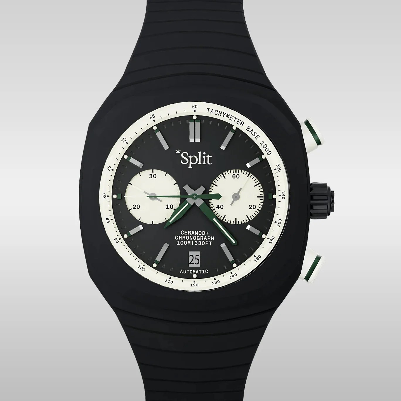 Black chronograph wristwatch with a black dial featuring two white subdials, green hands, and silver hour markers. The watch has a white tachymeter scale around the edge, a date window at 6 o'clock, and two push buttons on the right side. The strap is black with a textured pattern. The dial includes the text "Split," "CERAMOD+ CHRONOGRAPH 100M | 330FT," and "AUTOMATIC.