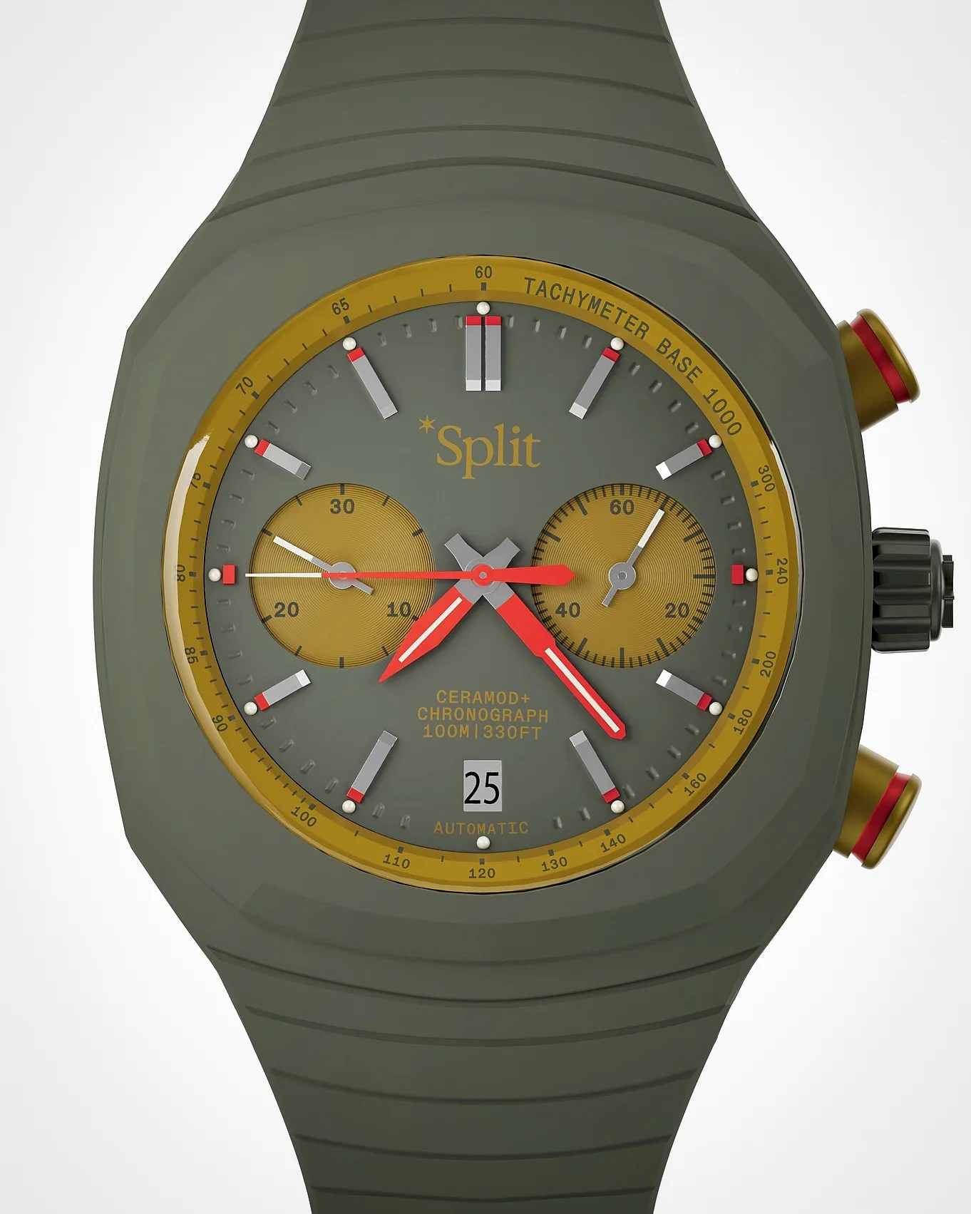 Green ceramic chronograph watch with a yellow tachymeter bezel and two yellow subdials. The watch features red and white hands, silver hour markers with red accents, and a date window at 6 o'clock. The strap is green with a ridged texture, and the watch has two gold pushers with red rings on the right side. The dial includes the text "Split," "CERAMOD+ CHRONOGRAPH 100M | 330FT," and "AUTOMATIC.