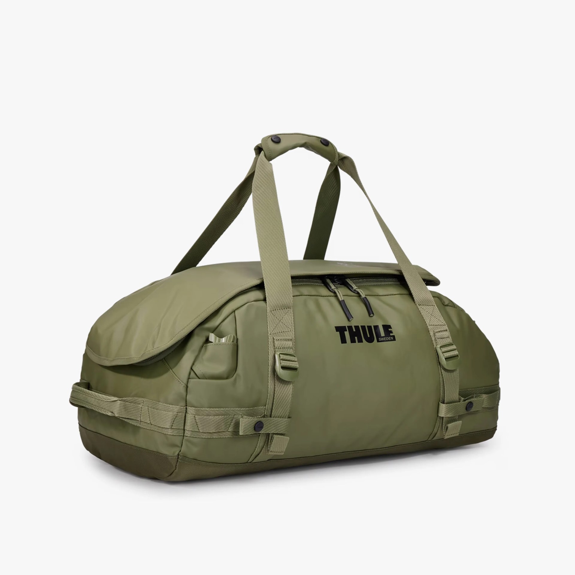 Olive green Thule duffel bag with dual handles and a zippered main compartment. The bag features reinforced straps with button snaps and the Thule logo printed in black on the front. The material appears durable and water-resistant.
