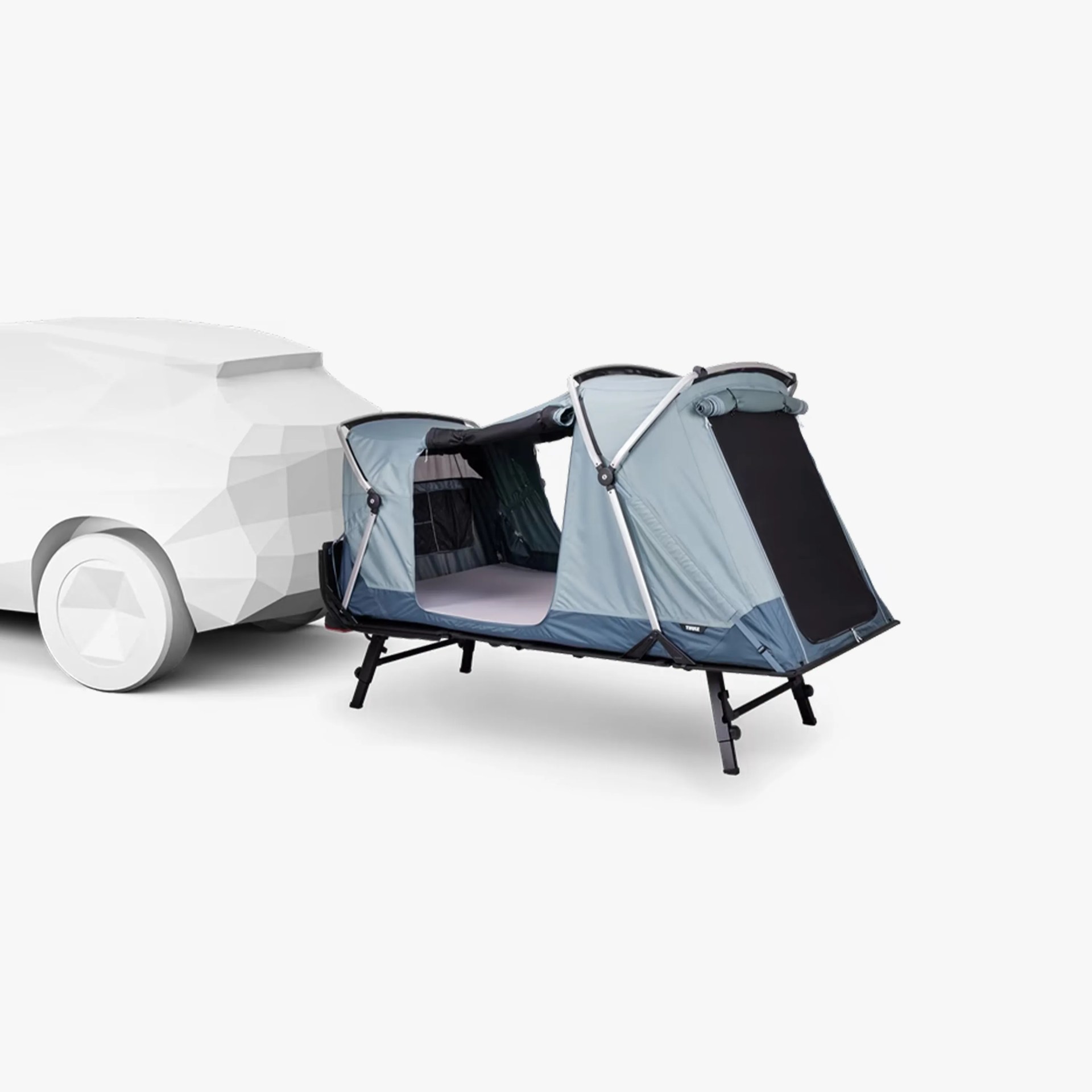 A compact, elevated two-person tent with a sturdy frame and fabric walls in shades of blue and gray, attached to the back of a white, polygonal, stylized vehicle. The tent has an open side entrance and a black mesh window on the front.