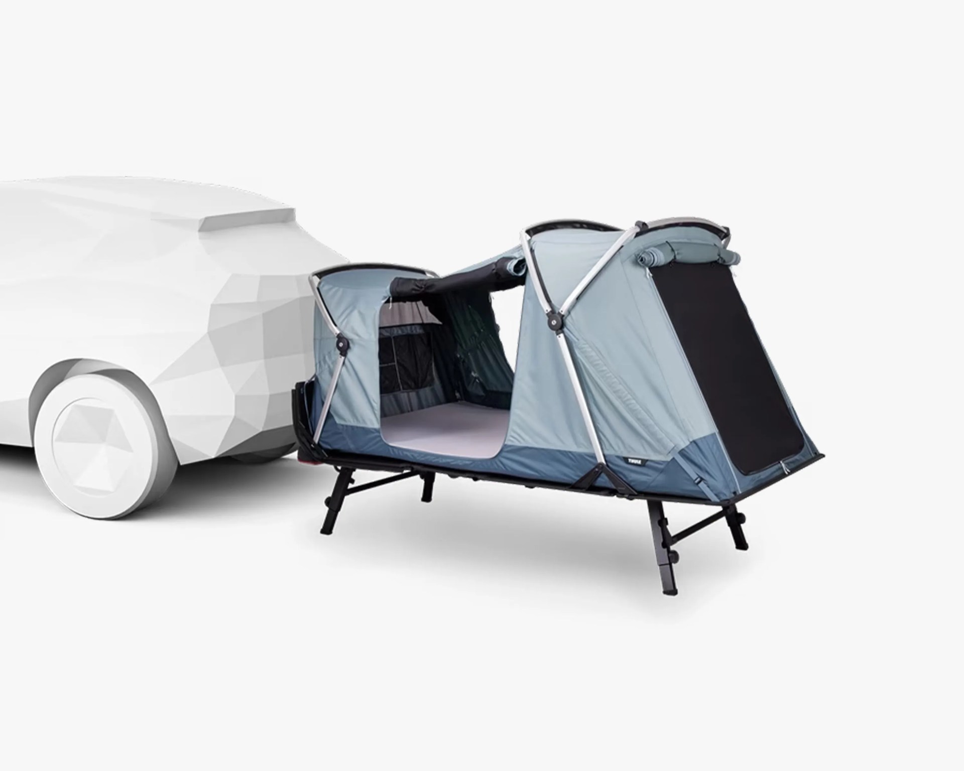 A portable, elevated camping tent with a sturdy black frame and light blue fabric walls, featuring two separate sleeping compartments connected by a central opening. The tent has roll-up windows and doors with mesh screens for ventilation and insect protection. It is shown next to a white, polygonal, stylized car model.