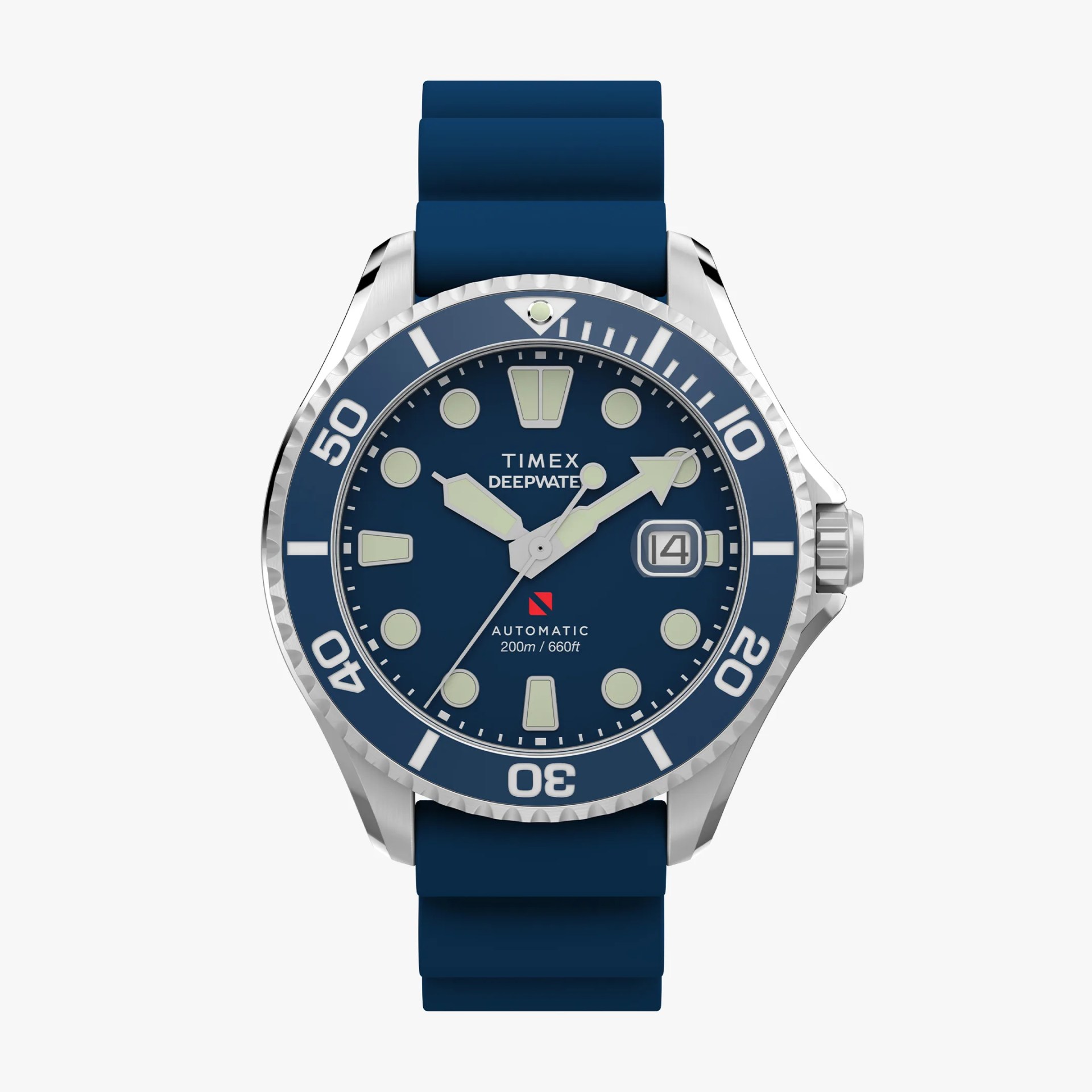 Blue Timex Deepwater automatic dive watch with a stainless steel case, luminous hour markers, and a blue silicone strap. The watch face features a date window at 3 o'clock and is water-resistant up to 200 meters (660 feet).