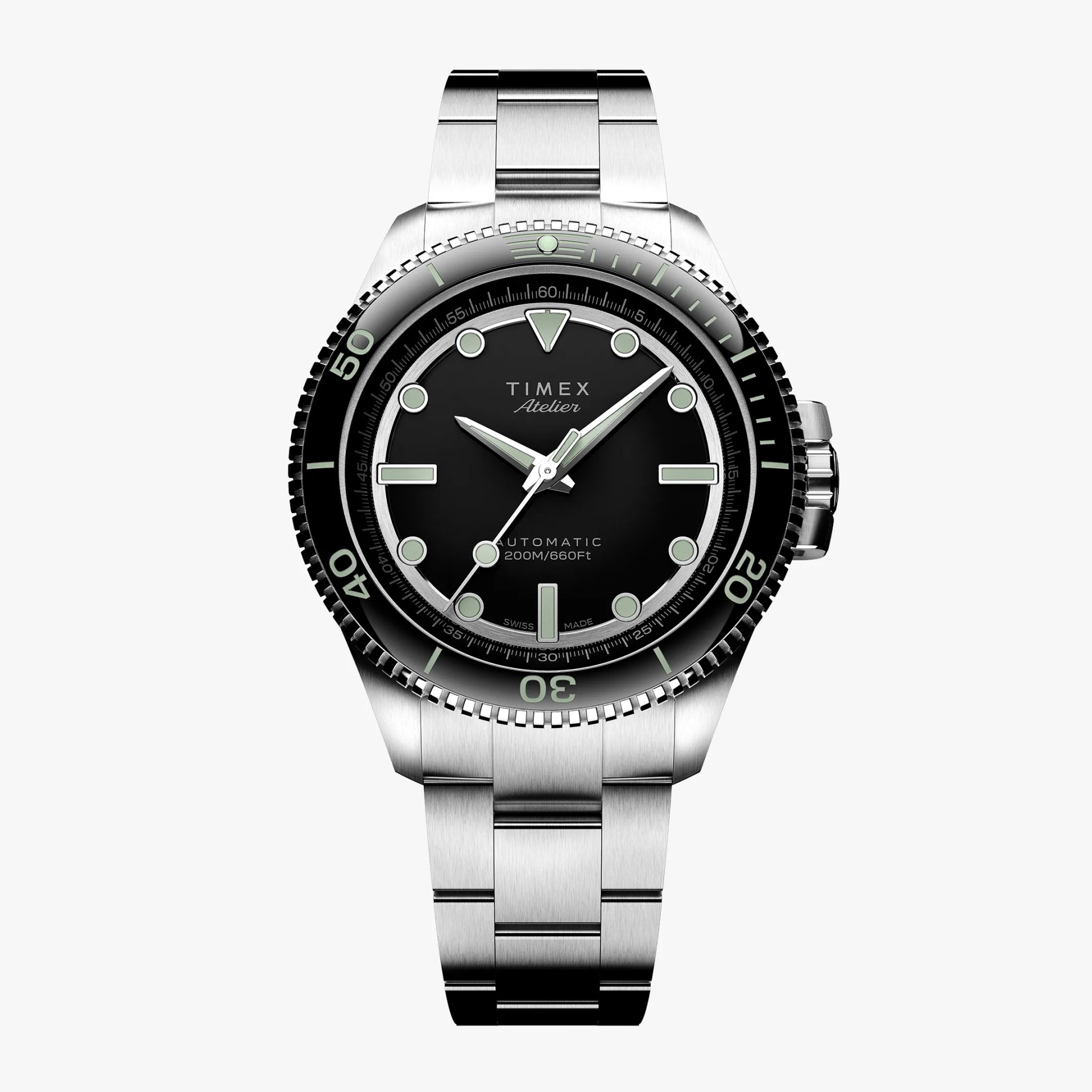 Stainless steel Timex Atelier automatic wristwatch with a black dial, luminous hour markers, and hands. The bezel is black with minute markings, and the watch is water-resistant up to 200 meters (660 feet). The bracelet is a matching stainless steel link design.