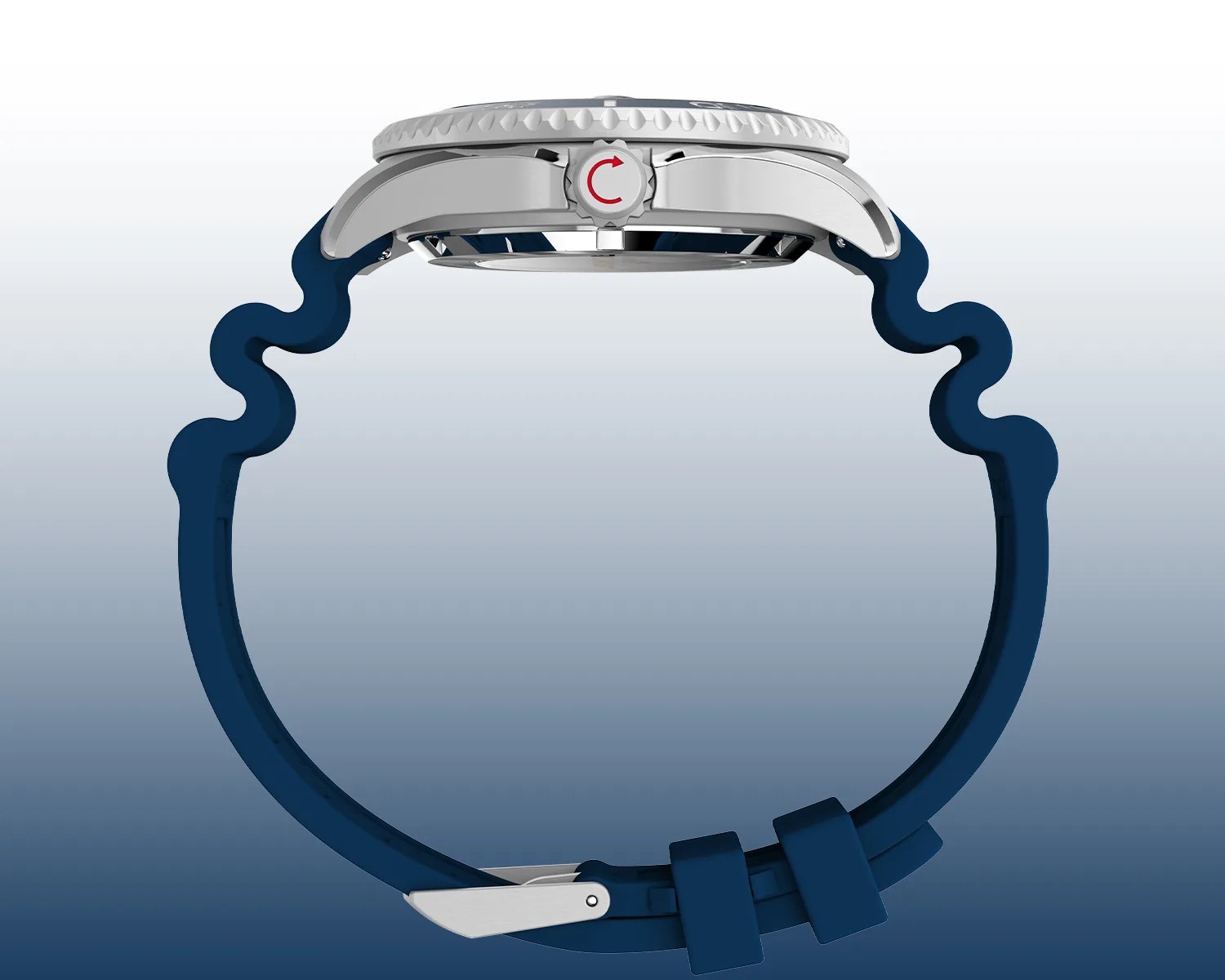 Side view of a wristwatch with a silver case and a blue wavy silicone strap. The watch crown features a red circular arrow symbol. The strap has a silver buckle and two loops for securing the excess strap length.