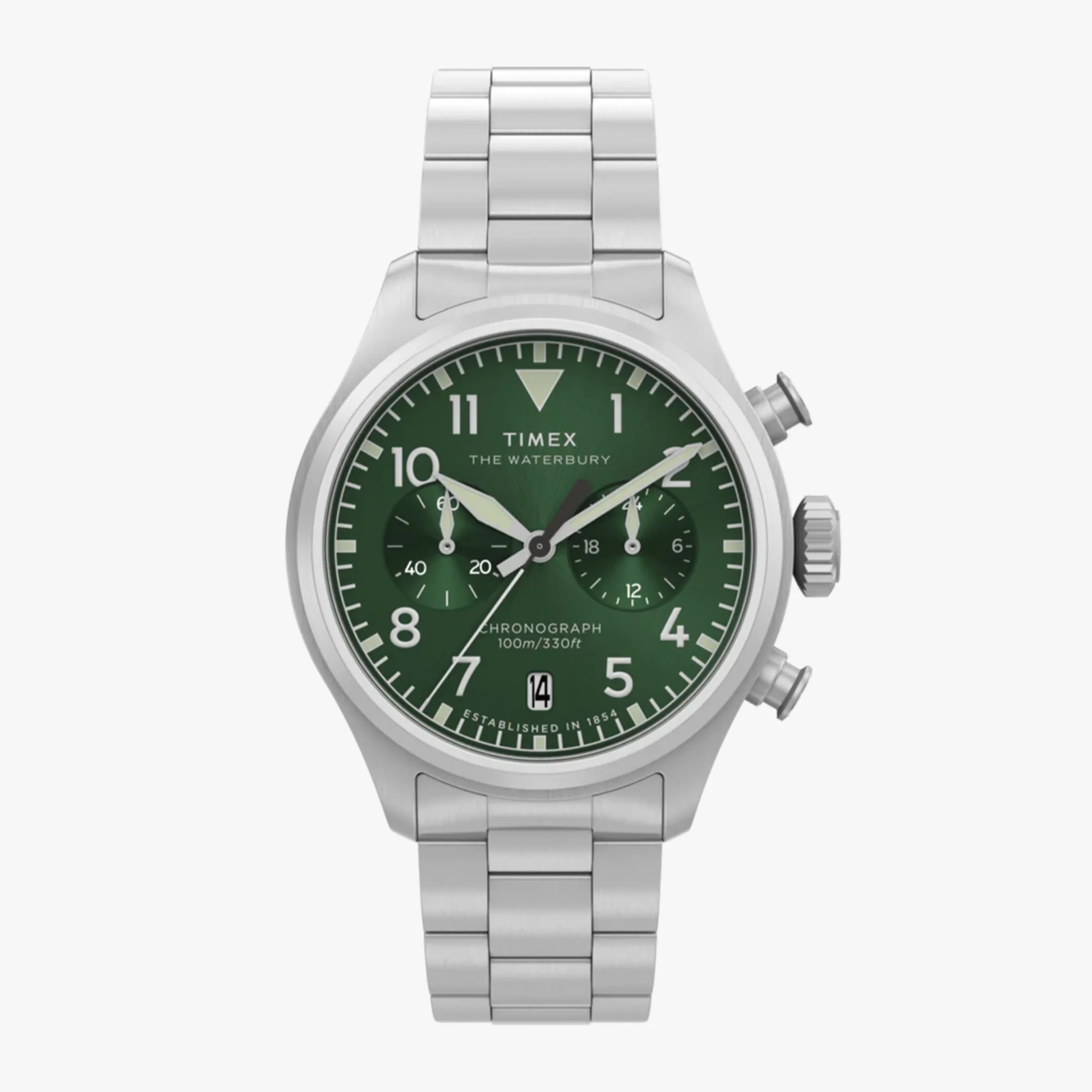 Silver stainless steel Timex chronograph watch with a green dial, white numerals, and luminous hands. The watch features two subdials, a date window at 6 o'clock, and a stainless steel link bracelet. The dial is marked with "TIMEX THE WATERBURY," "CHRONOGRAPH 100m/330ft," and "ESTABLISHED IN 1854.