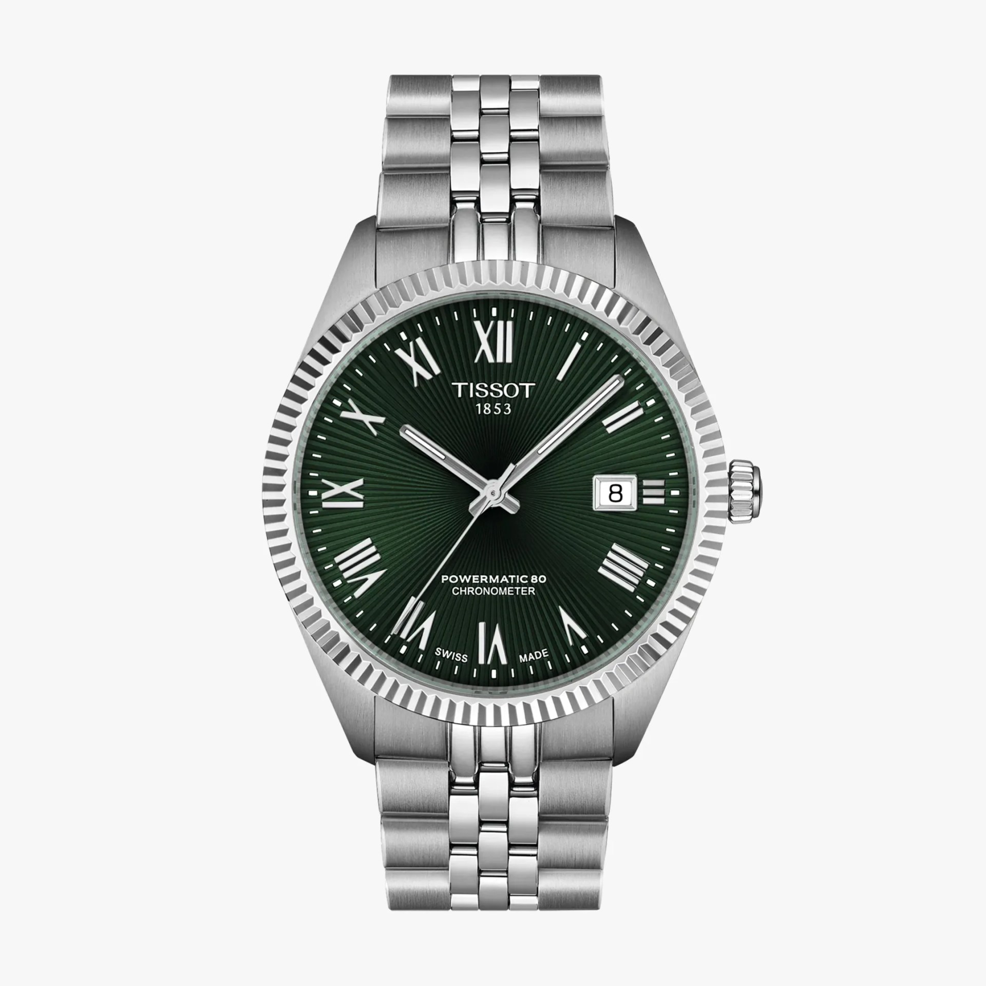 Silver Tissot wristwatch with a green textured dial featuring white Roman numeral hour markers, a date window at 3 o'clock, and three silver hands. The watch has a fluted bezel and a silver metal link bracelet. The dial includes the text "TISSOT 1853," "POWERMATIC 80 CHRONOMETER," and "SWISS MADE.