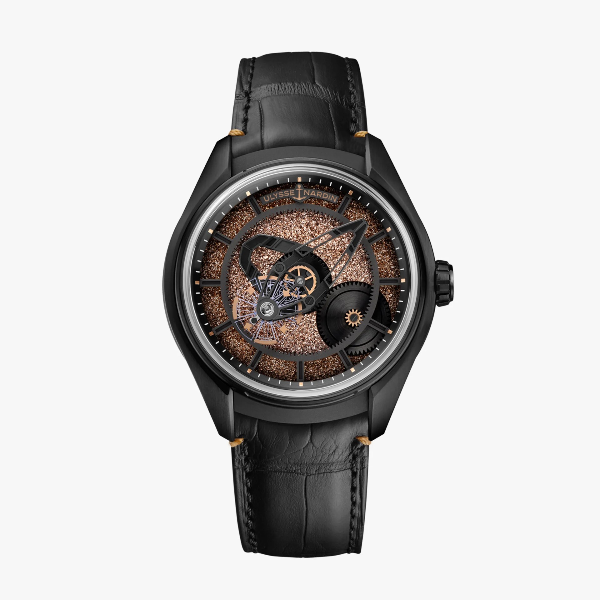 Black wristwatch with a textured, glittery copper dial featuring visible mechanical gears and components. The watch has a black leather strap with stitching and small copper accents near the lugs. The brand name "Ulysse Nardin" is displayed at the top of the dial. The hour markers are simple copper lines, and the watch hands are black with a skeletonized design.