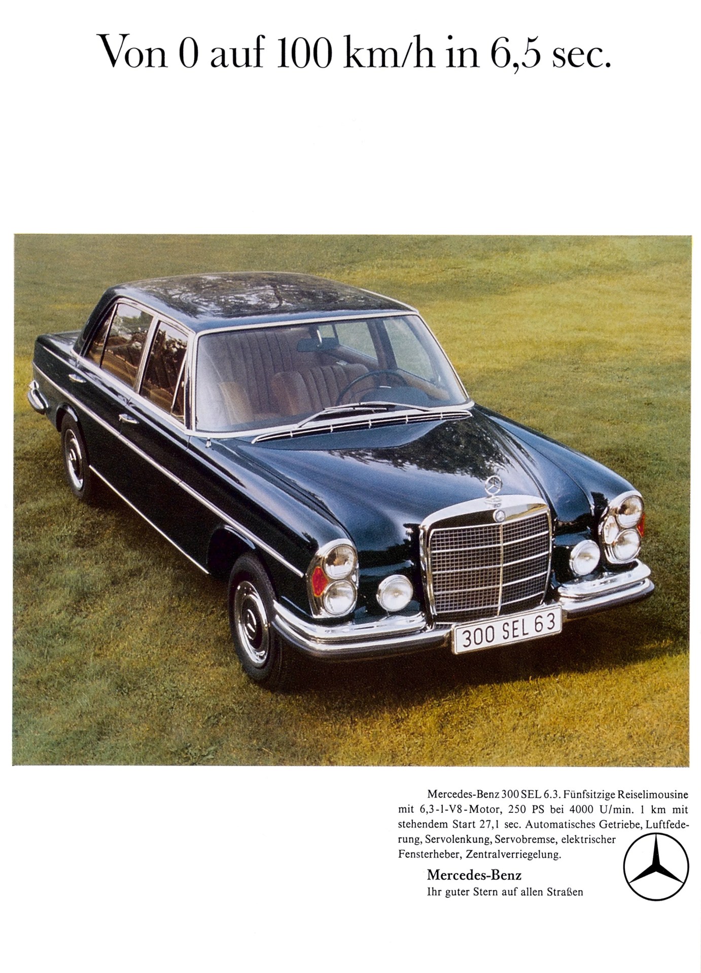 Black Mercedes-Benz 300 SEL 6.3 sedan parked on grass with chrome grille and round headlights.