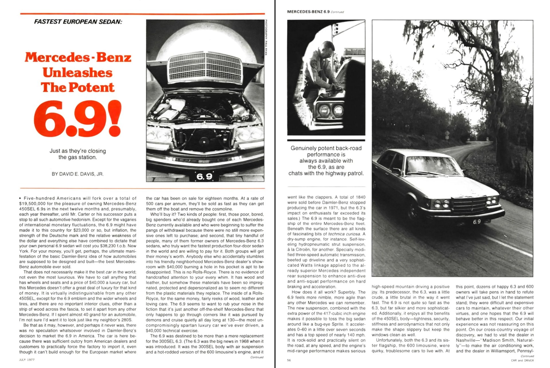 Two-page black-and-white magazine spread featuring a Mercedes-Benz 6.9 sedan with the hood open, a police officer inspecting a car, and the car parked on a winding road.