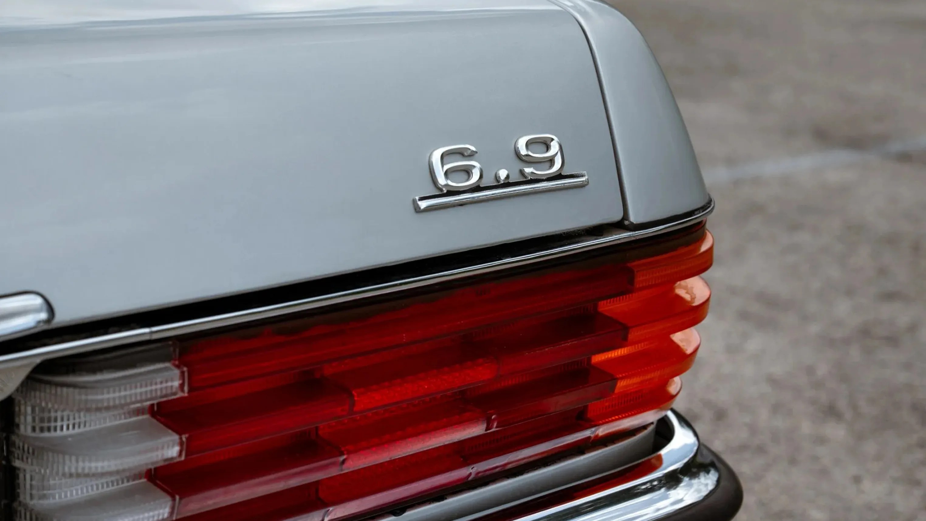 Chrome "6.9" badge on silver car trunk above red and white tail light.