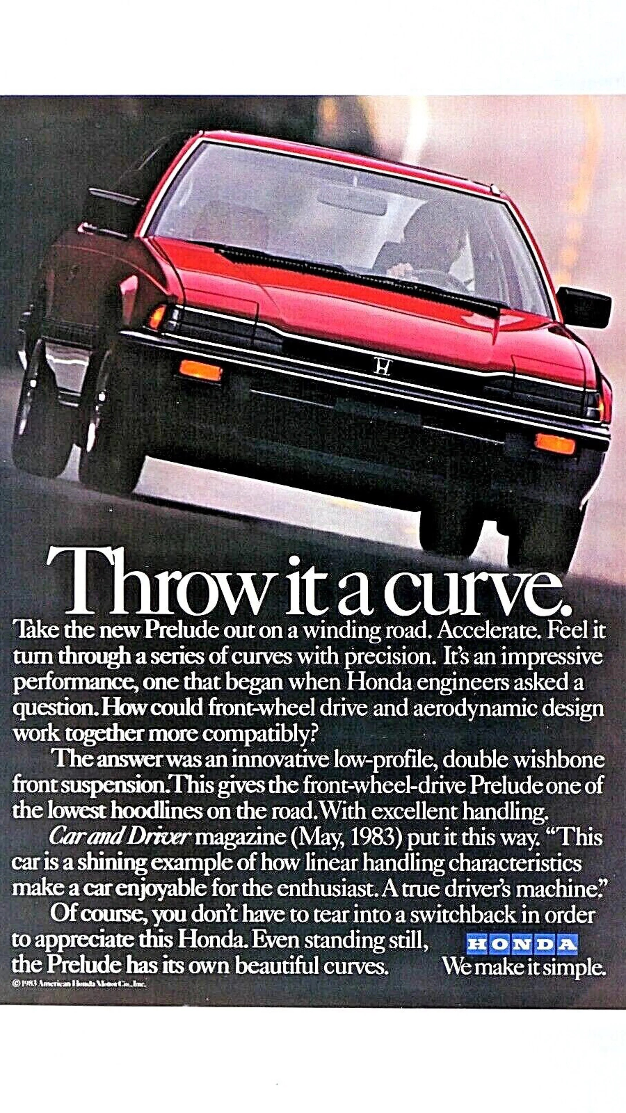 Red Honda Prelude car driving on a winding road with text about its handling and design features.