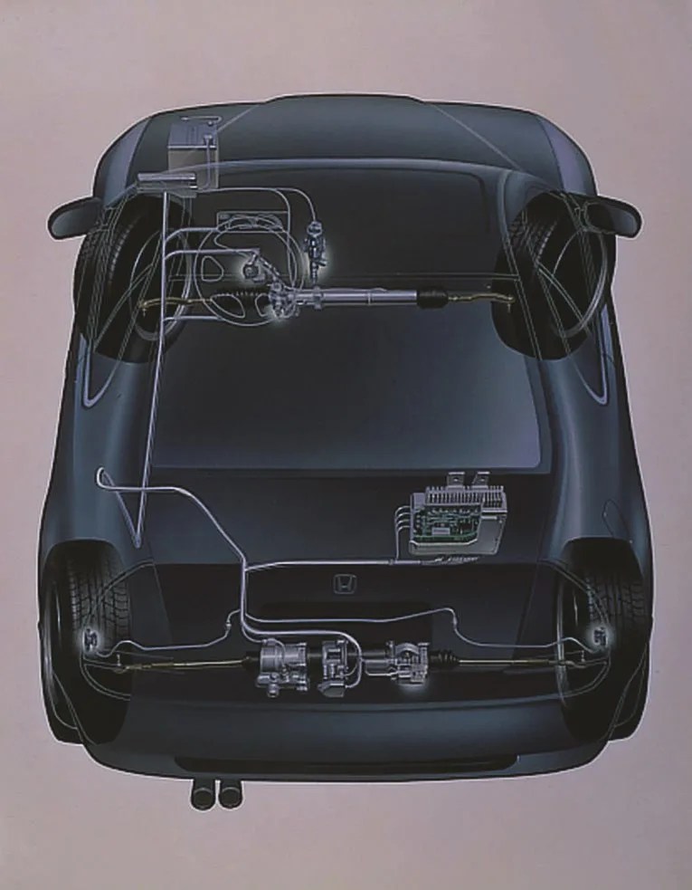 Top view of a black car with a transparent overlay showing the internal brake system components and wiring.