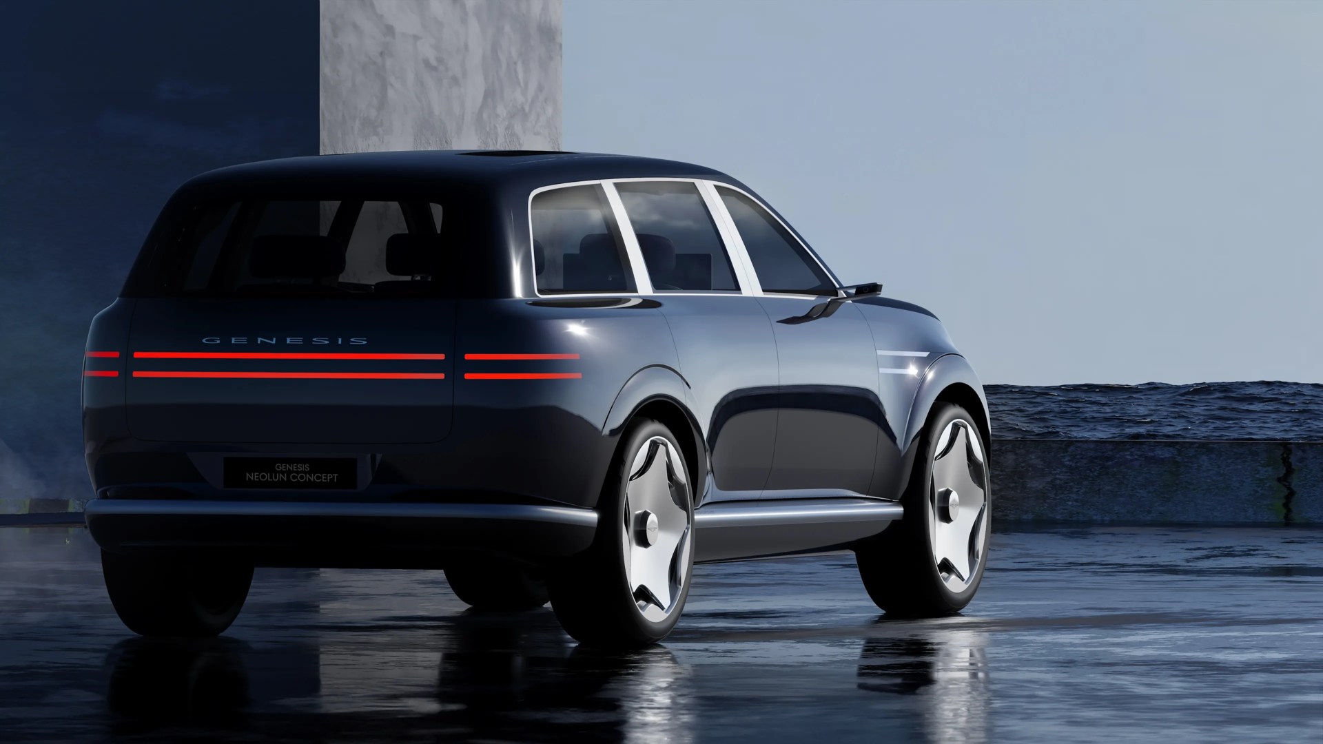 Glossy dark blue Genesis Neolun Concept car with futuristic rear lights parked on wet surface by the sea.